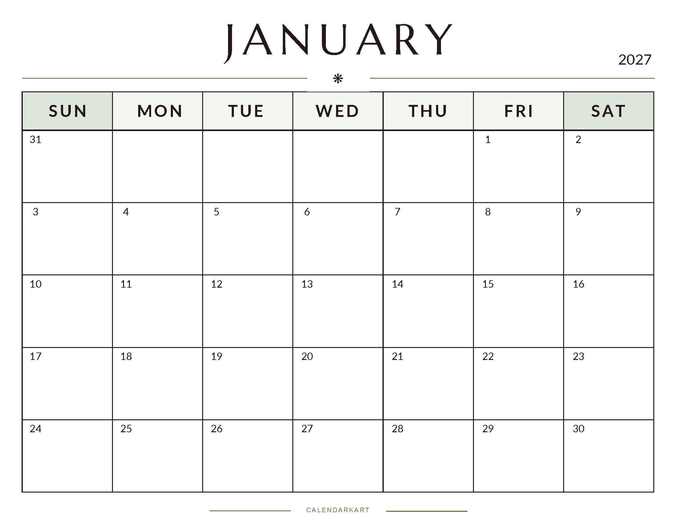 Printable January 2027 Monthly Calendar 6
