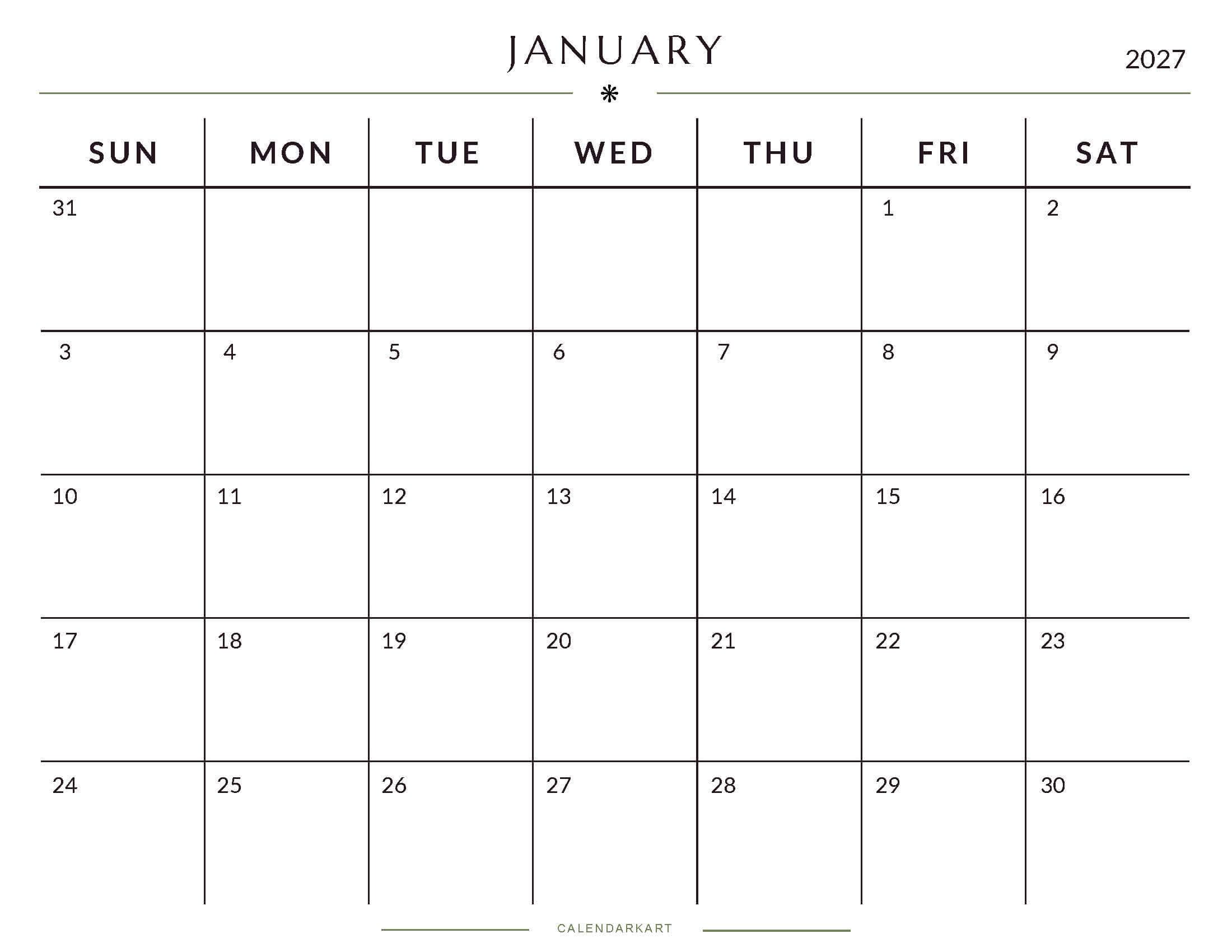 Printable January 2027 Monthly Calendar 7