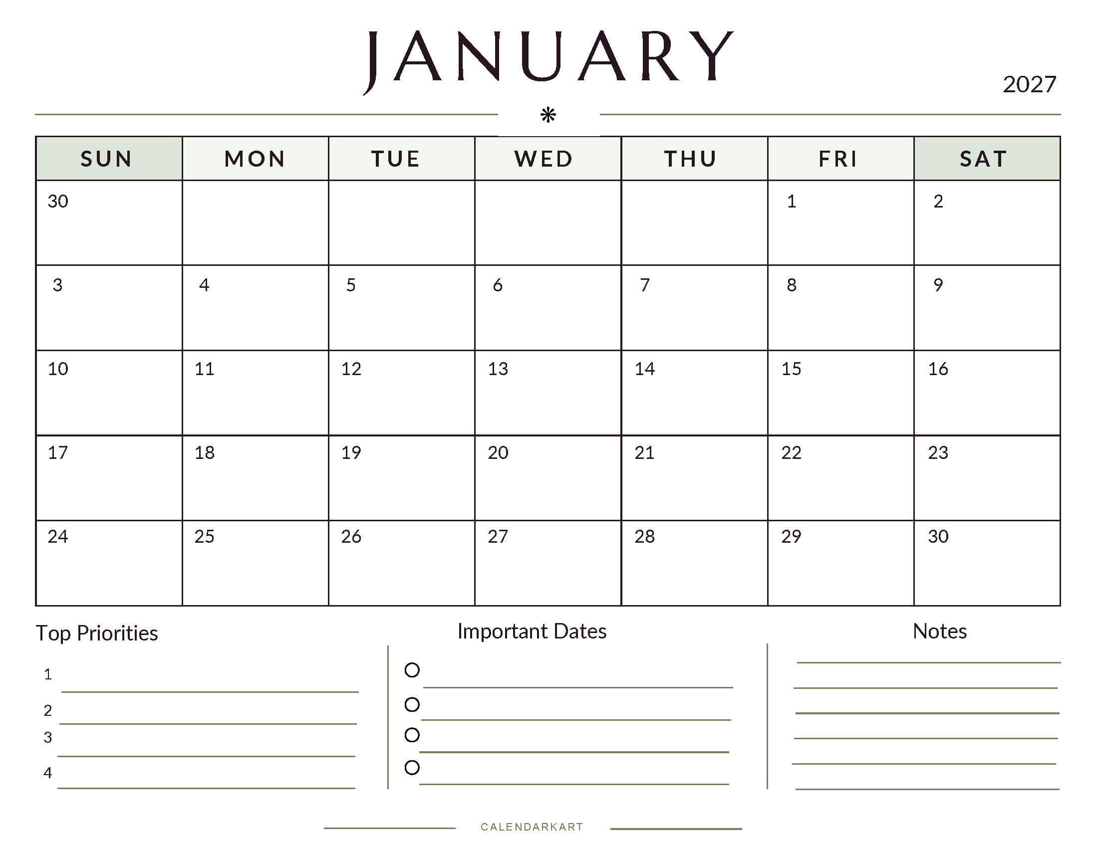 Printable January 2027 Monthly Calendar 8