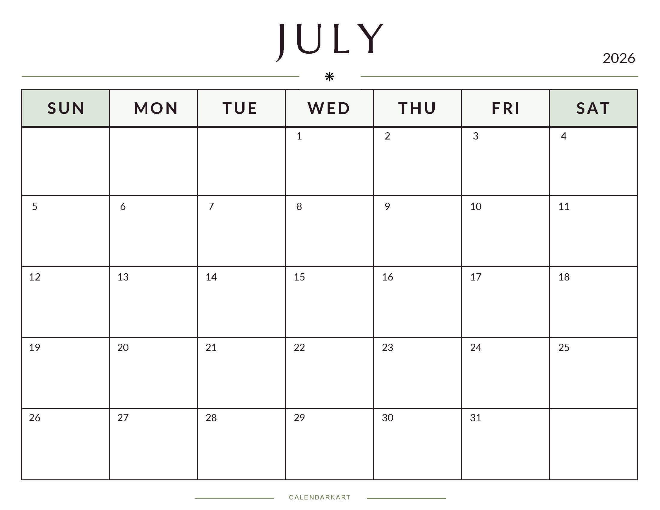 Printable July 2026 Monthly Calendar 1