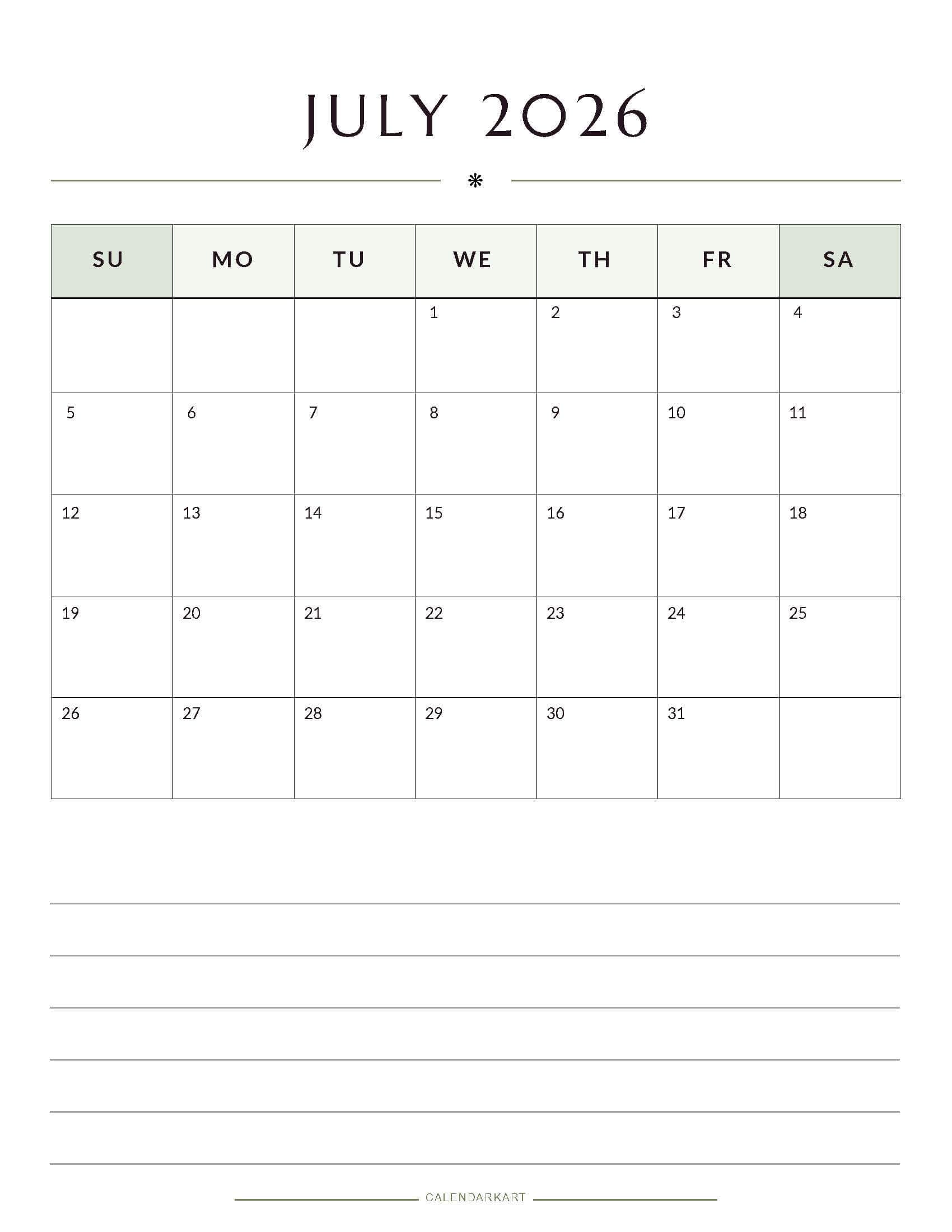 Printable July 2026 Monthly Calendar 10