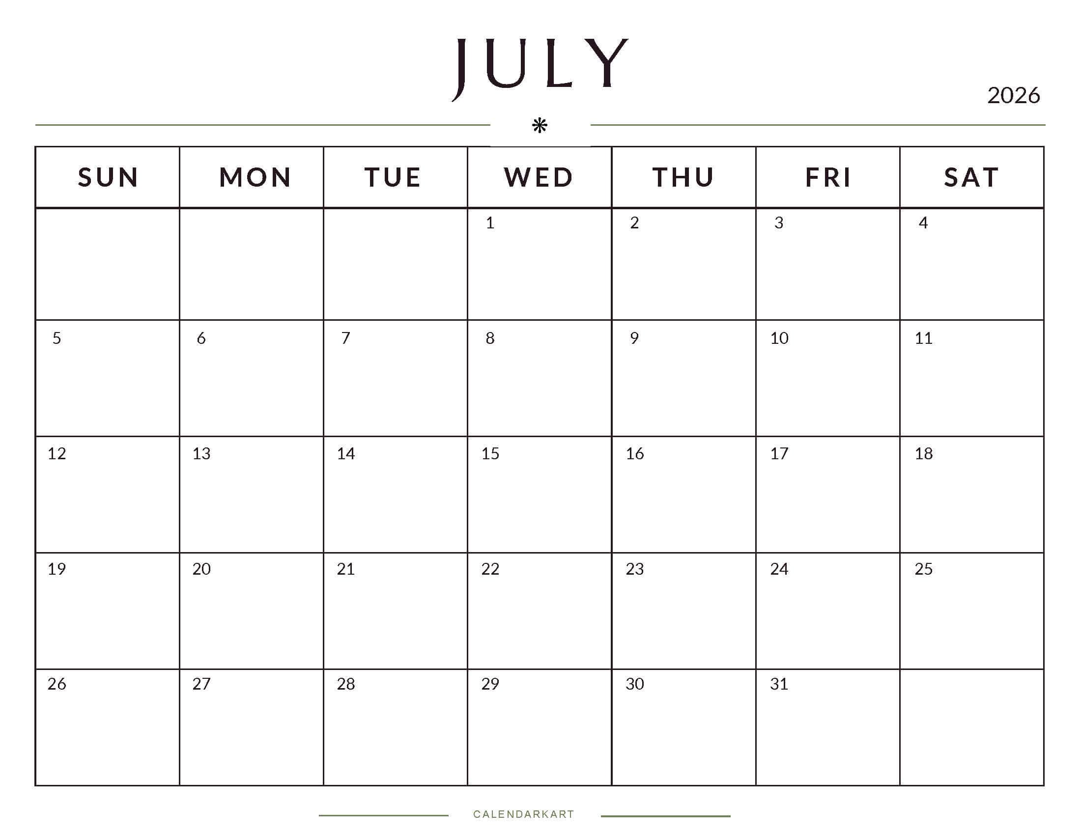 Printable July 2026 Monthly Calendar 2