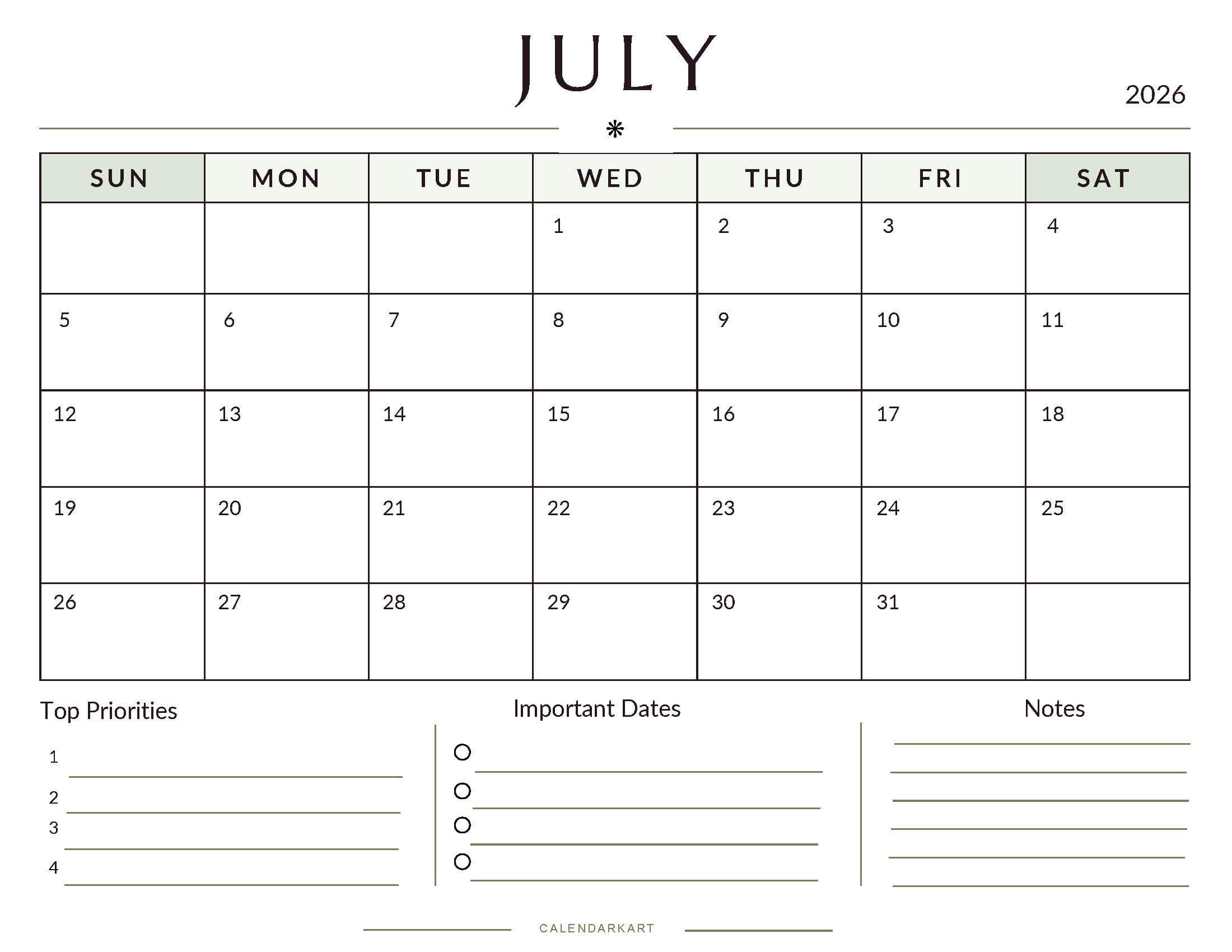 Printable July 2026 Monthly Calendar 4