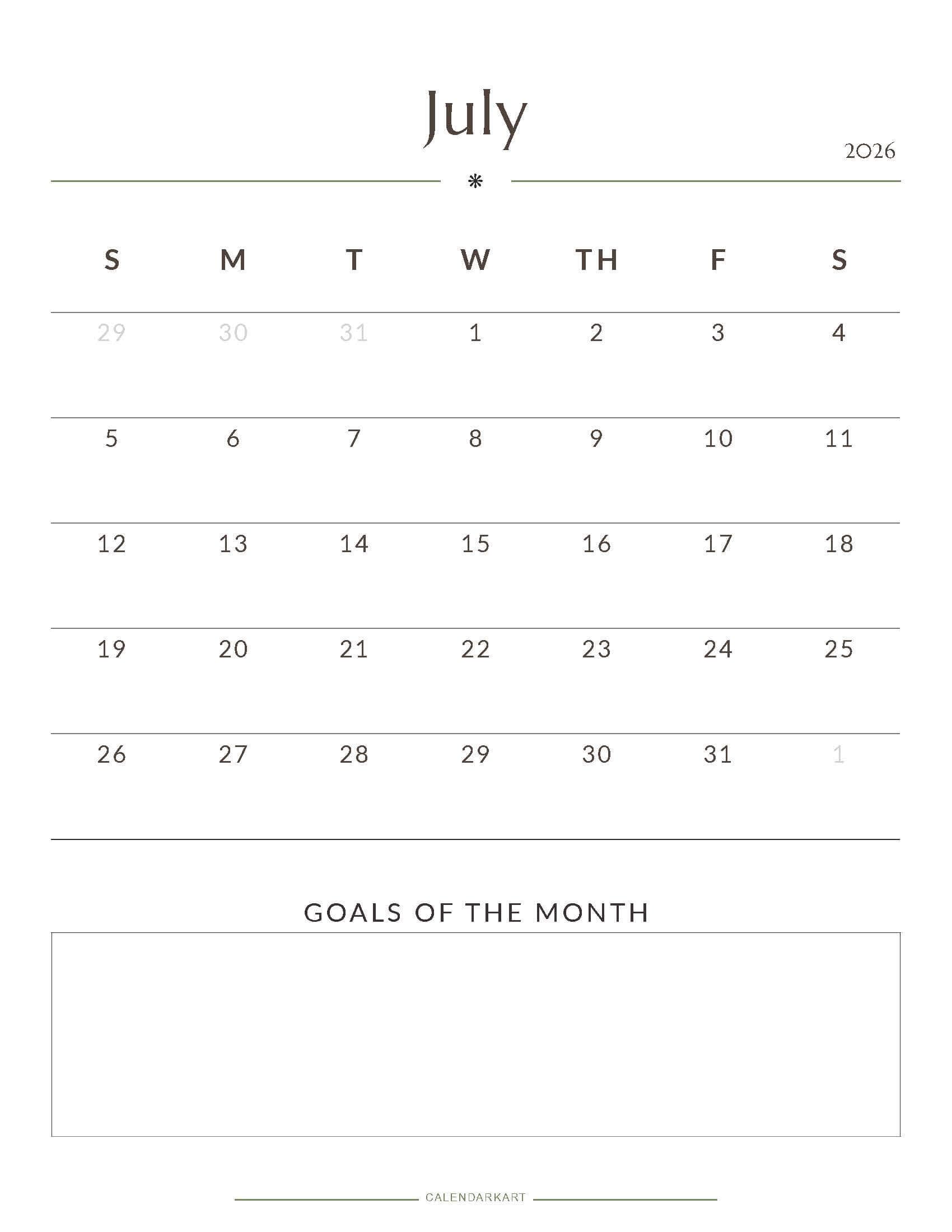 Printable July 2026 Monthly Calendar 7