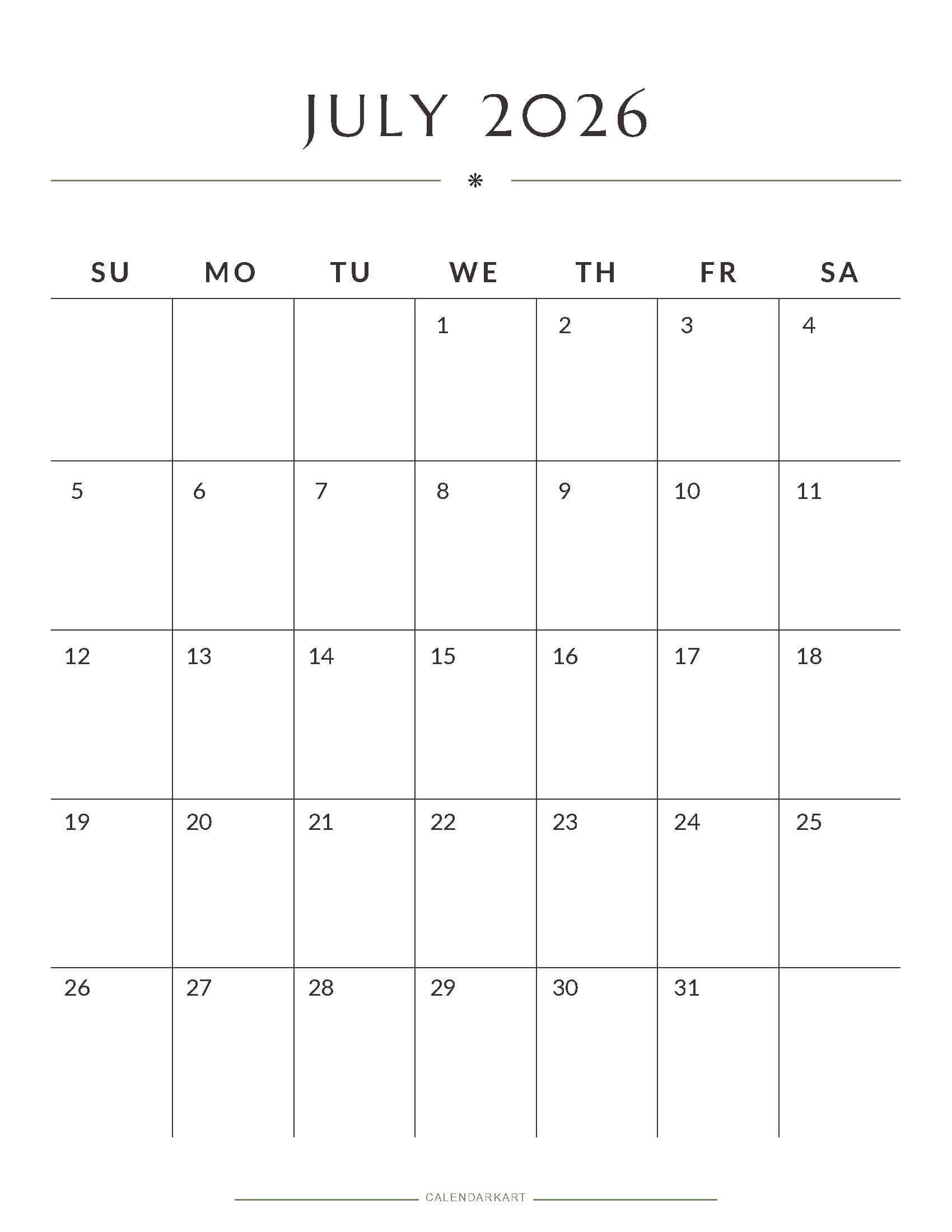Printable July 2026 Monthly Calendar 8