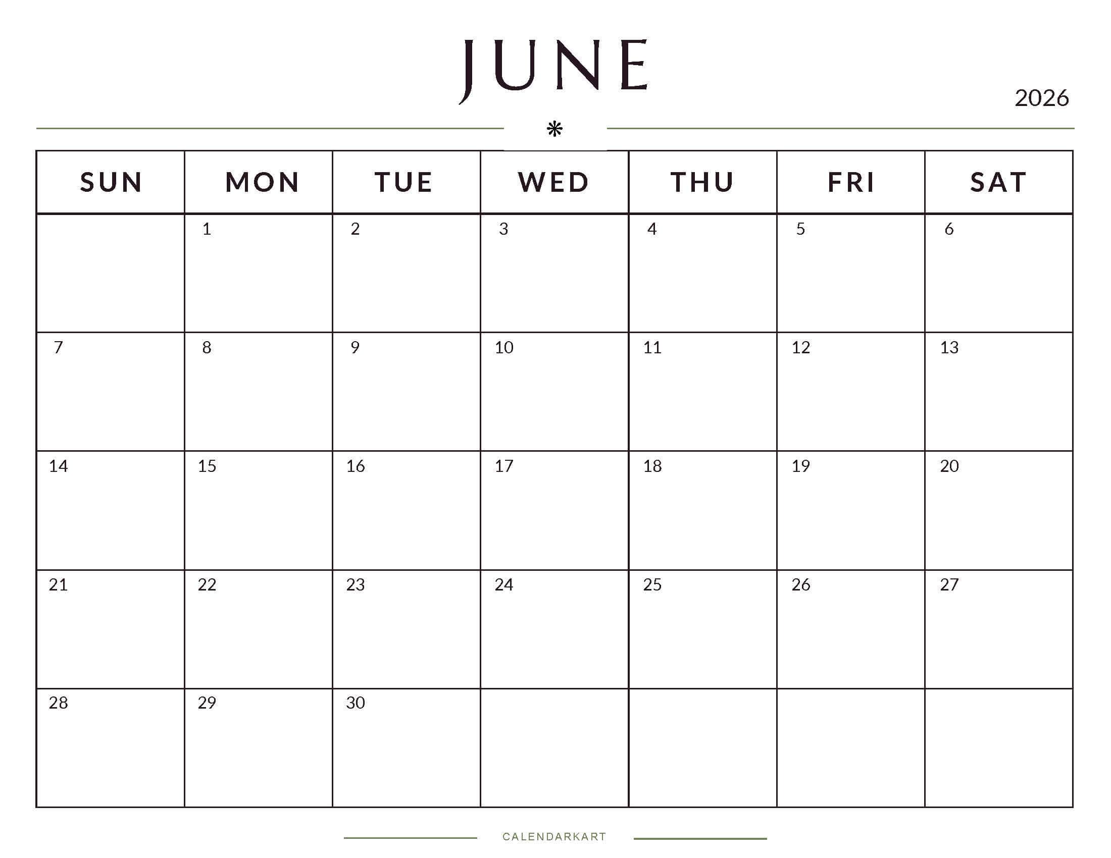Printable June 2026 Monthly Calendar 1