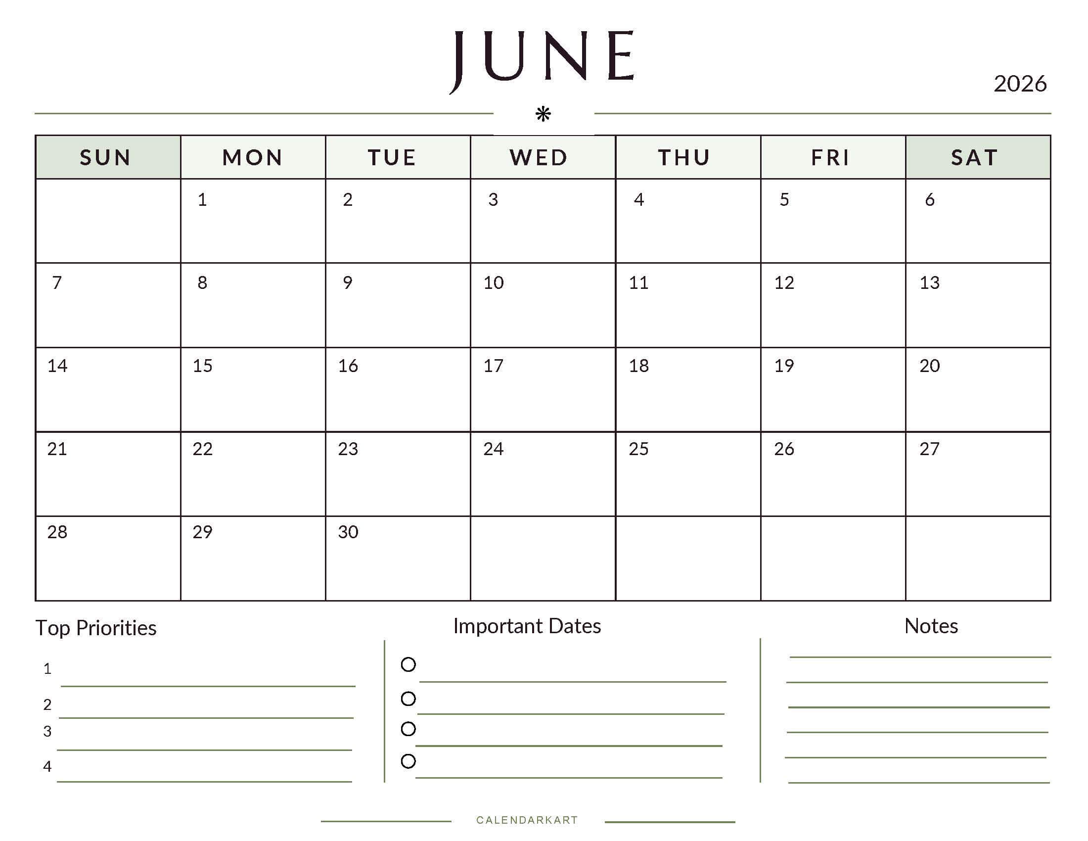 Printable June 2026 Monthly Calendar 3