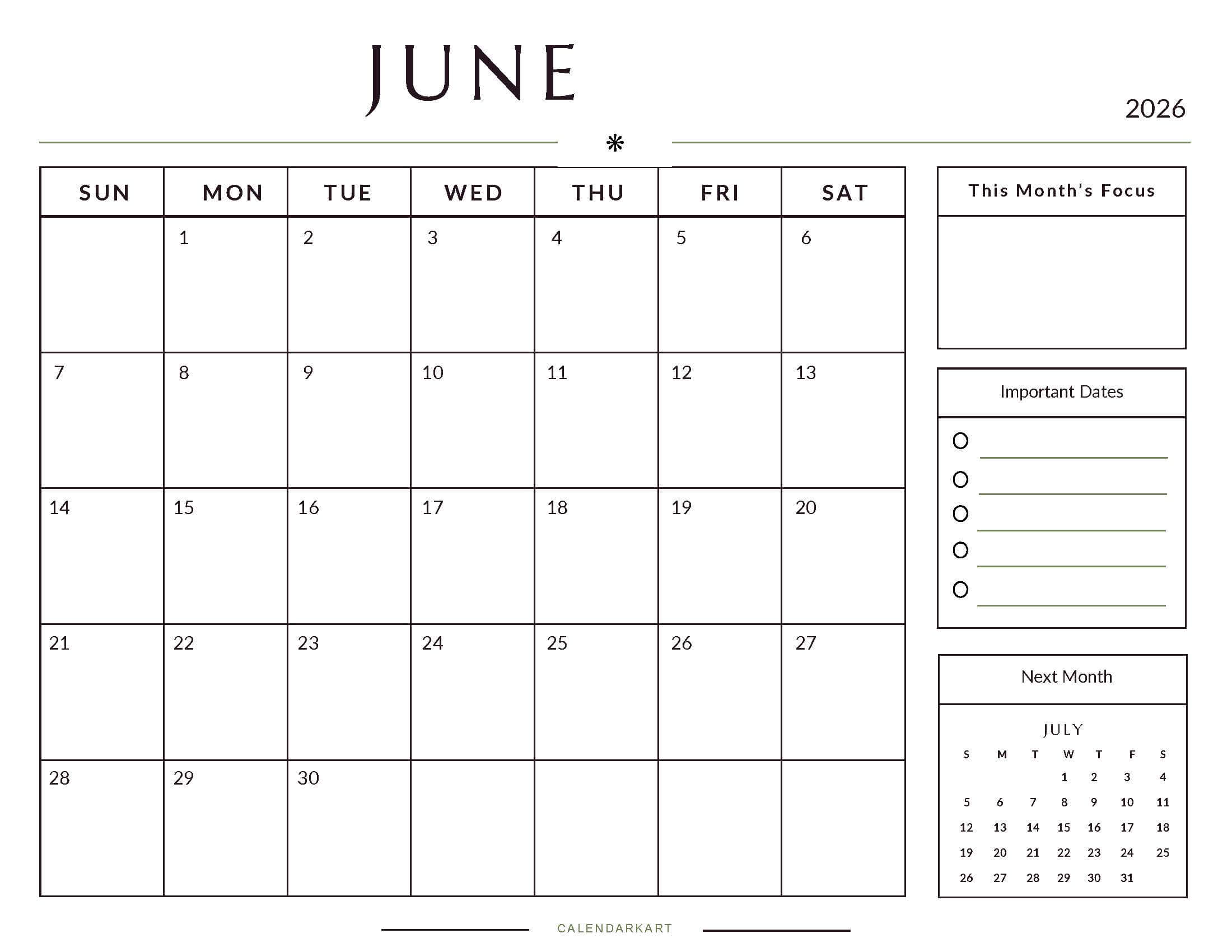 Printable June 2026 Monthly Calendar 4