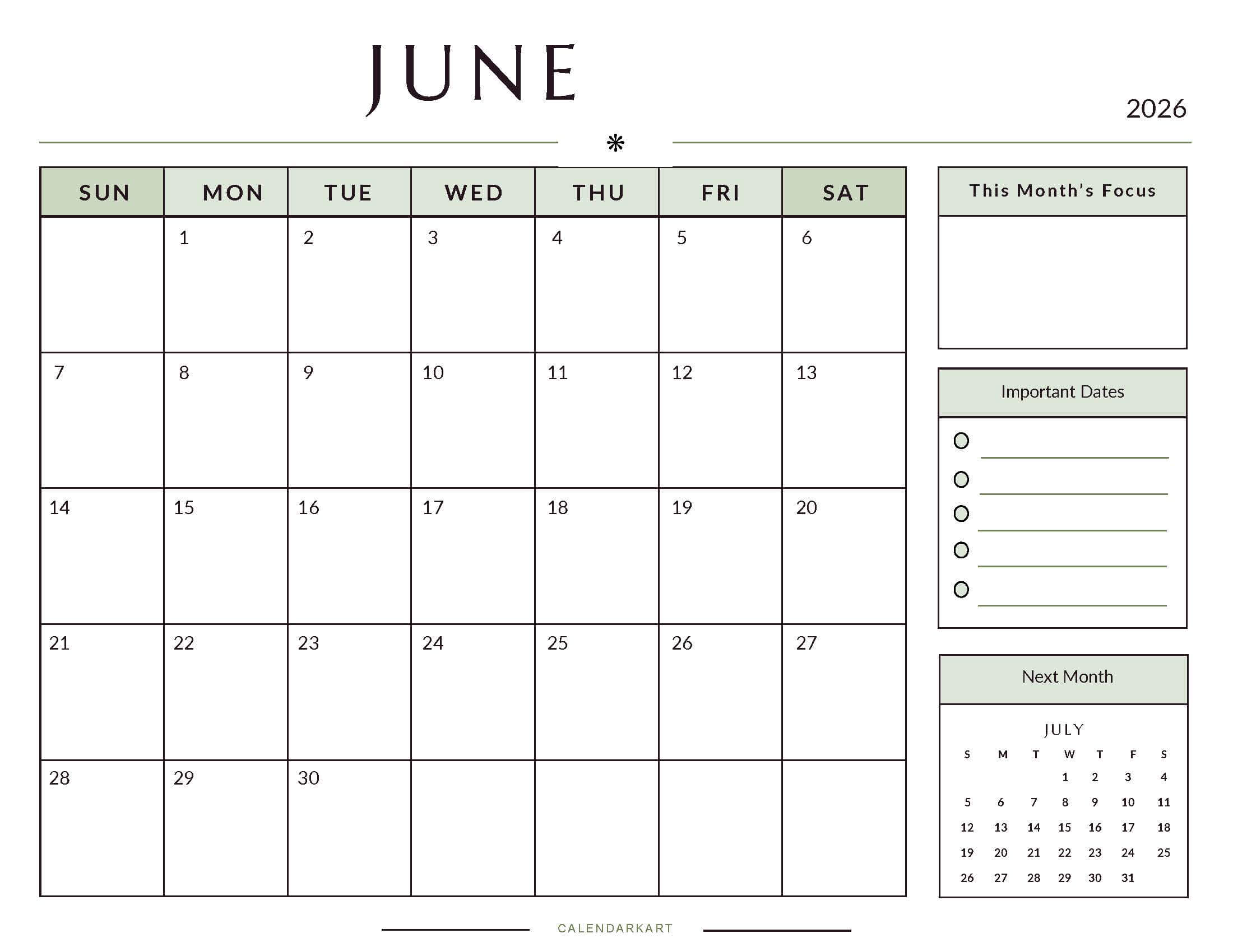 Printable June 2026 Monthly Calendar 5