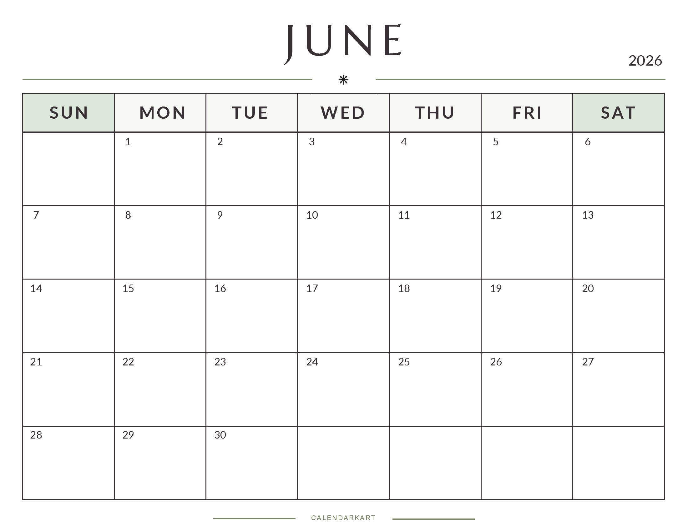 Printable June 2026 Monthly Calendar 6