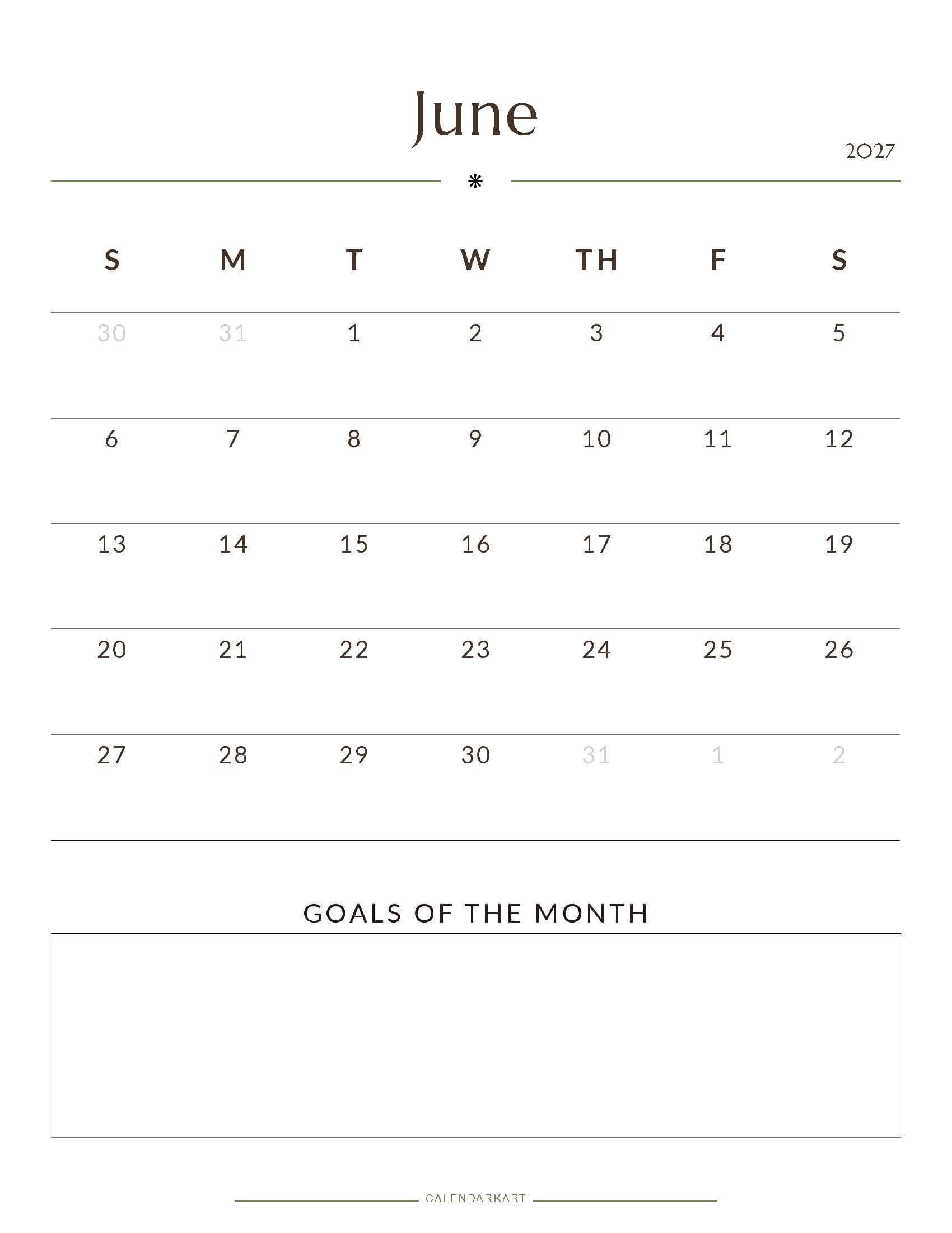 Printable June 2027 Monthly Calendar 1