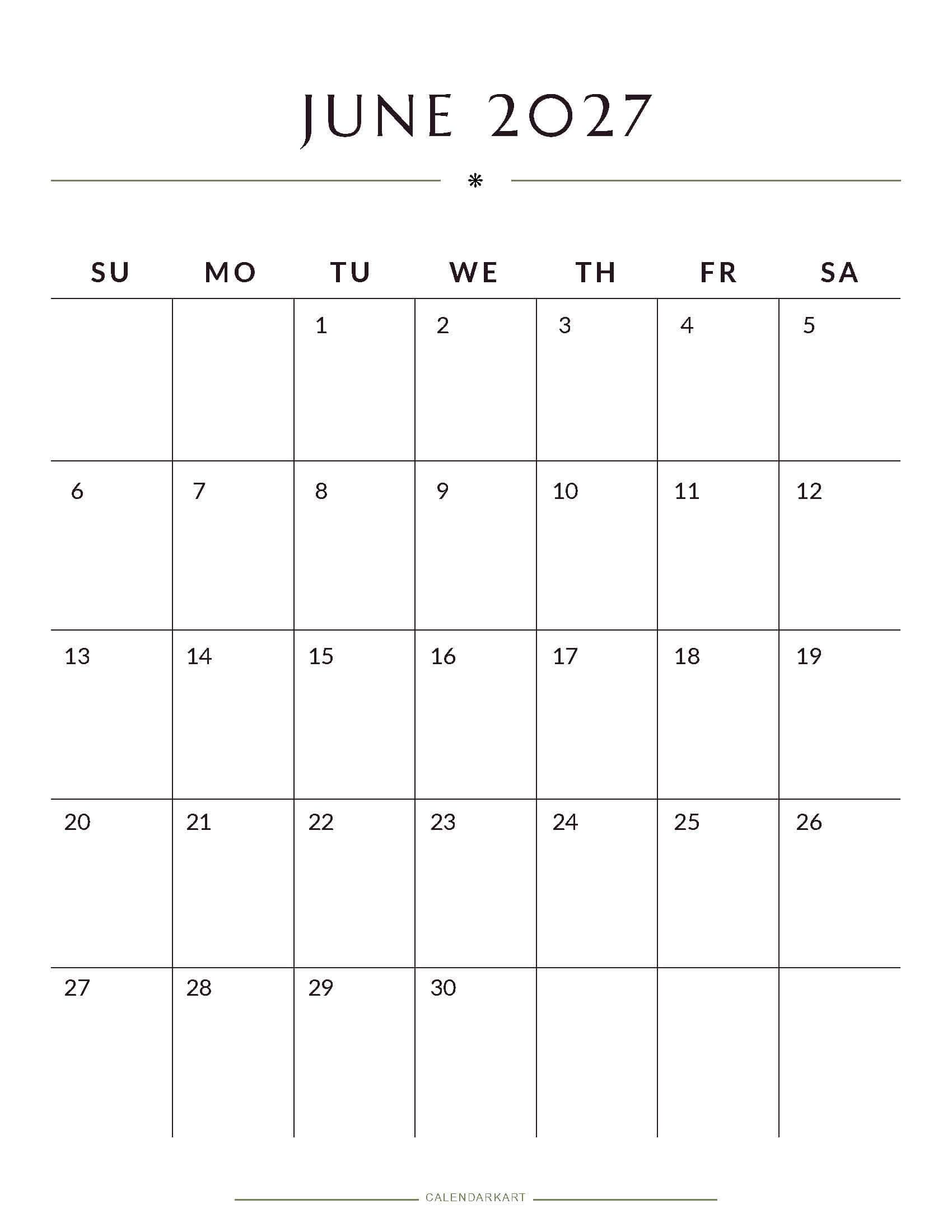 Printable June 2027 Monthly Calendar 2