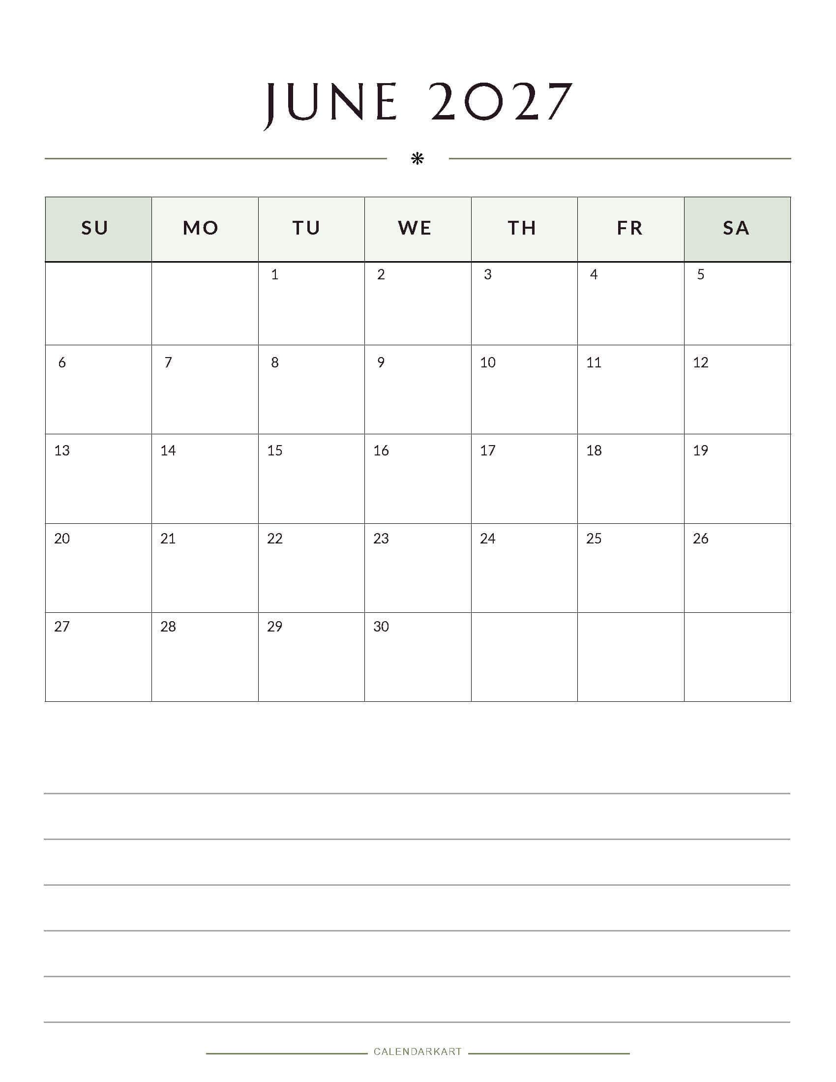 Printable June 2027 Monthly Calendar 3