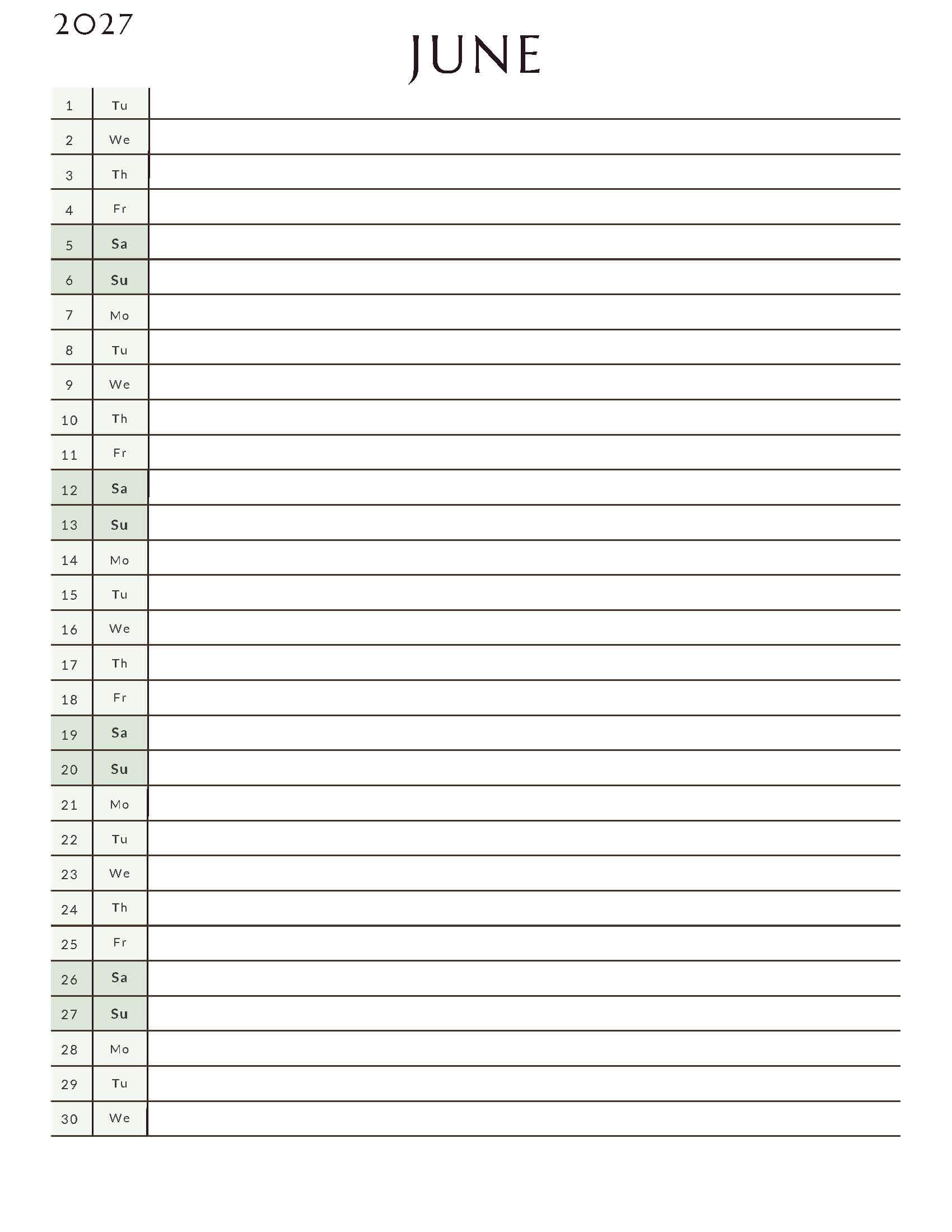 Printable June 2027 Monthly Calendar 4