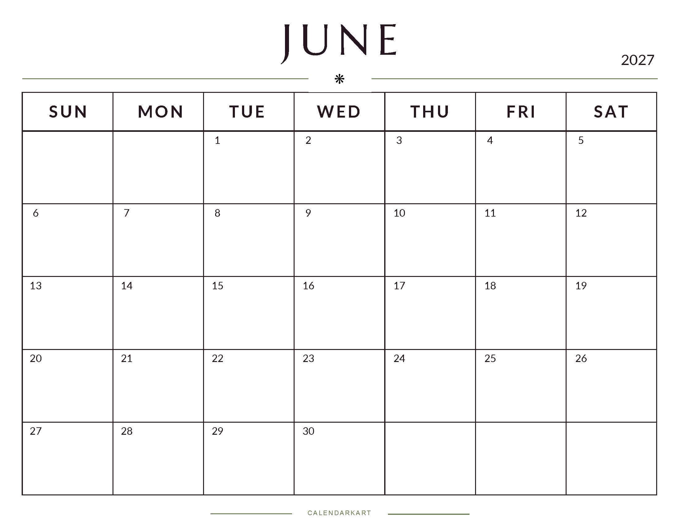 Printable June 2027 Monthly Calendar 5