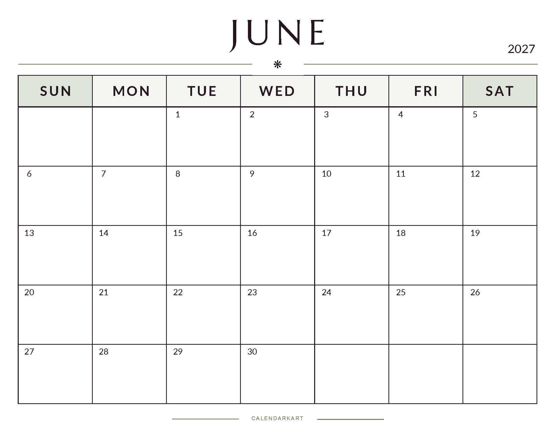 Printable June 2027 Monthly Calendar 6