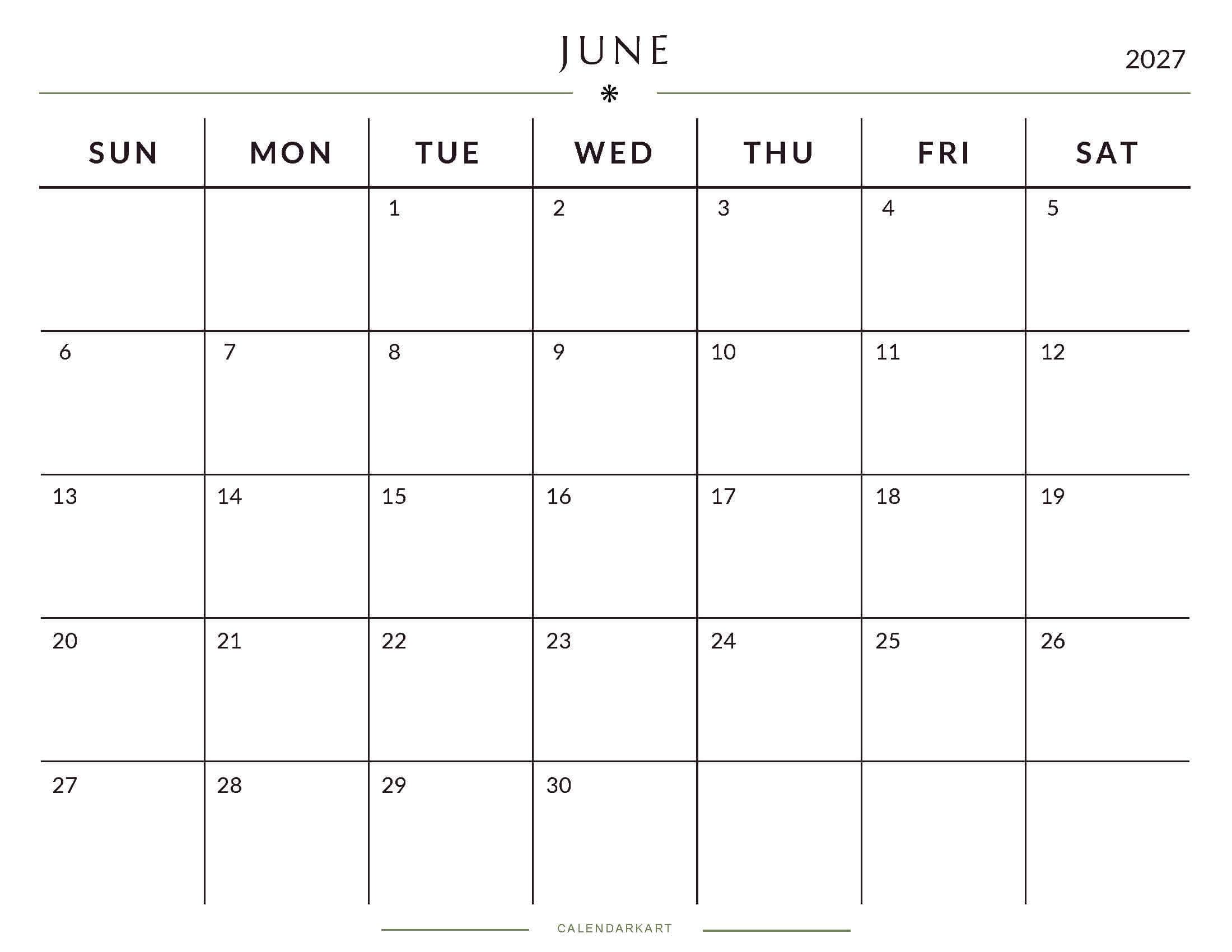 Printable June 2027 Monthly Calendar 7