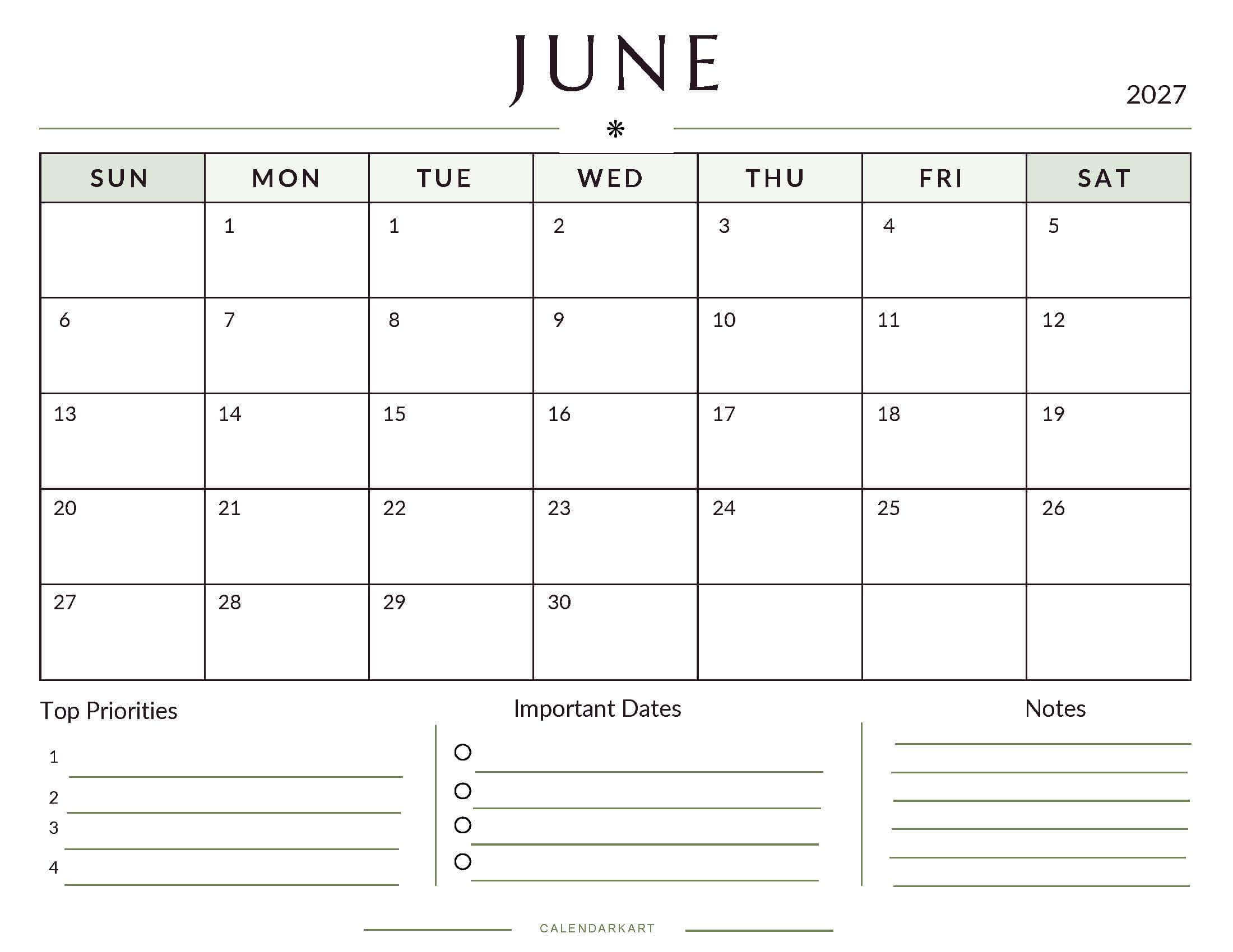 Printable June 2027 Monthly Calendar 8