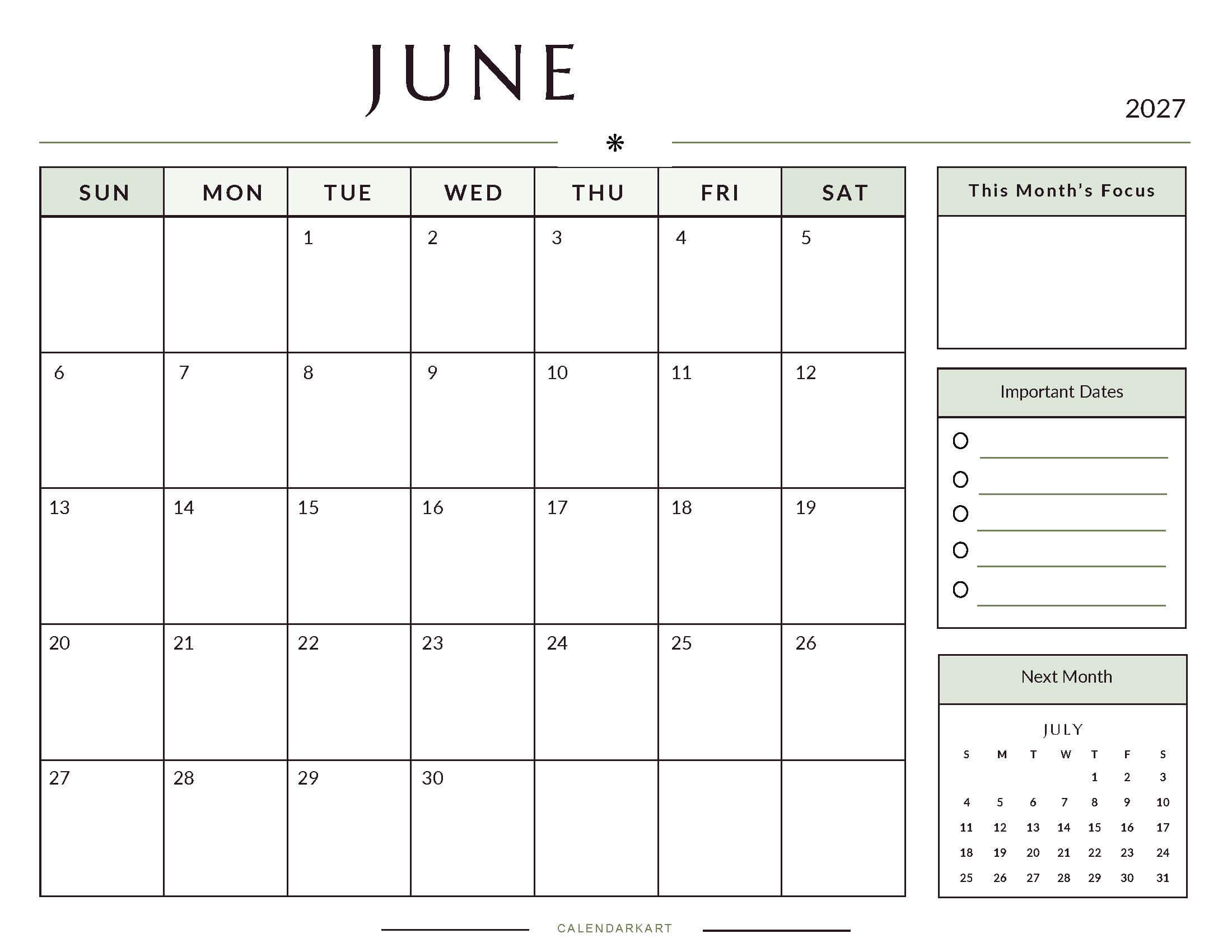 Printable June 2027 Monthly Calendar 9