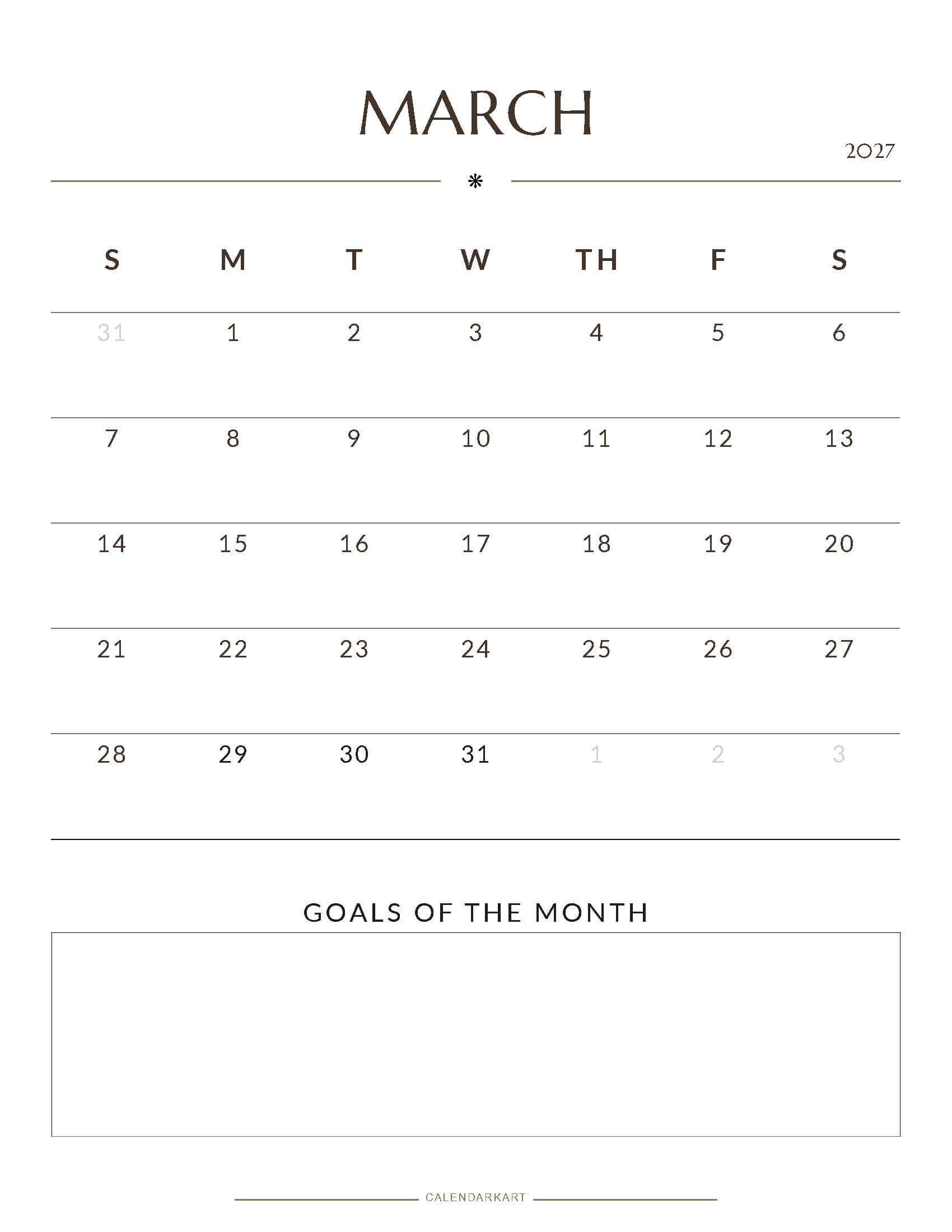 Printable March 2027 Monthly Calendar 1