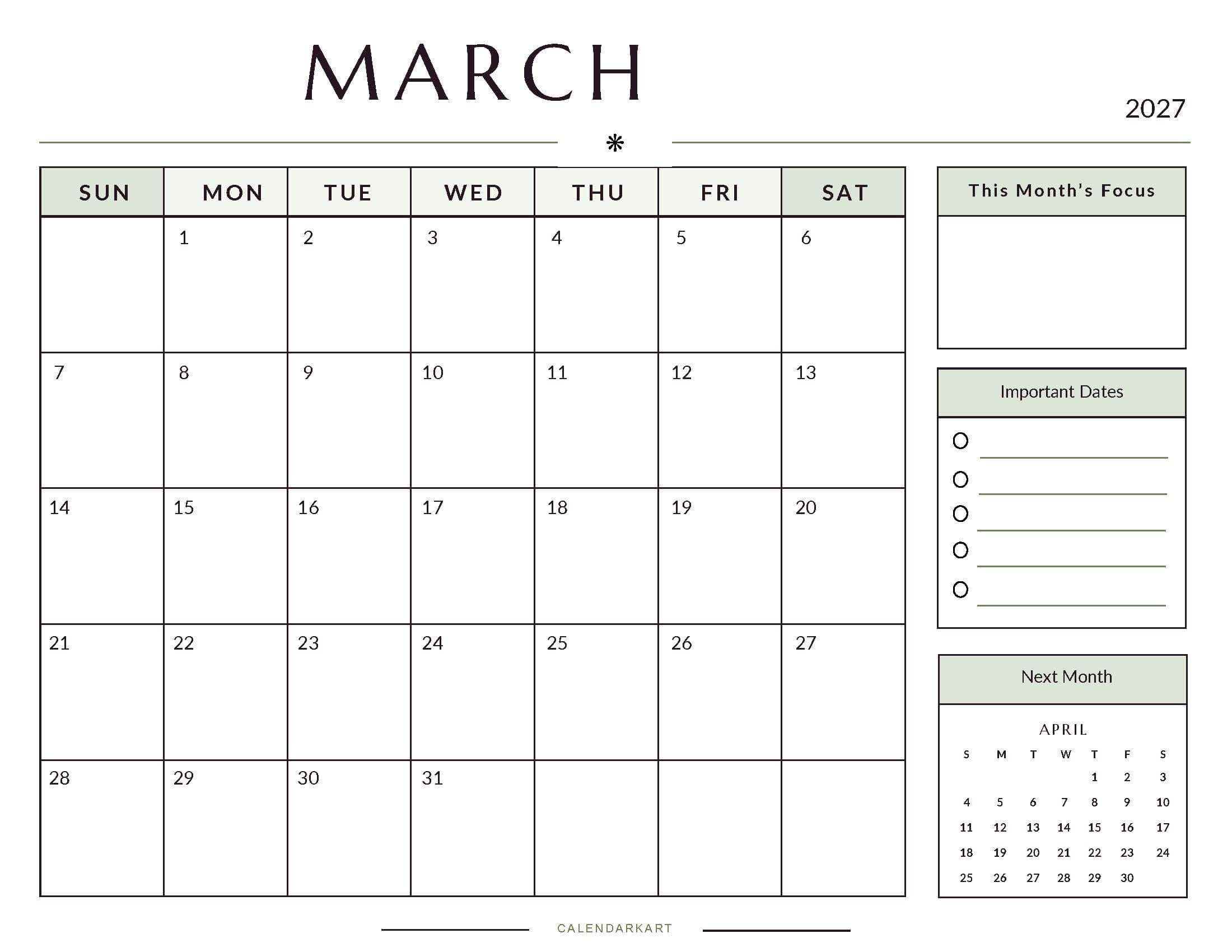 Printable March 2027 Monthly Calendar 10