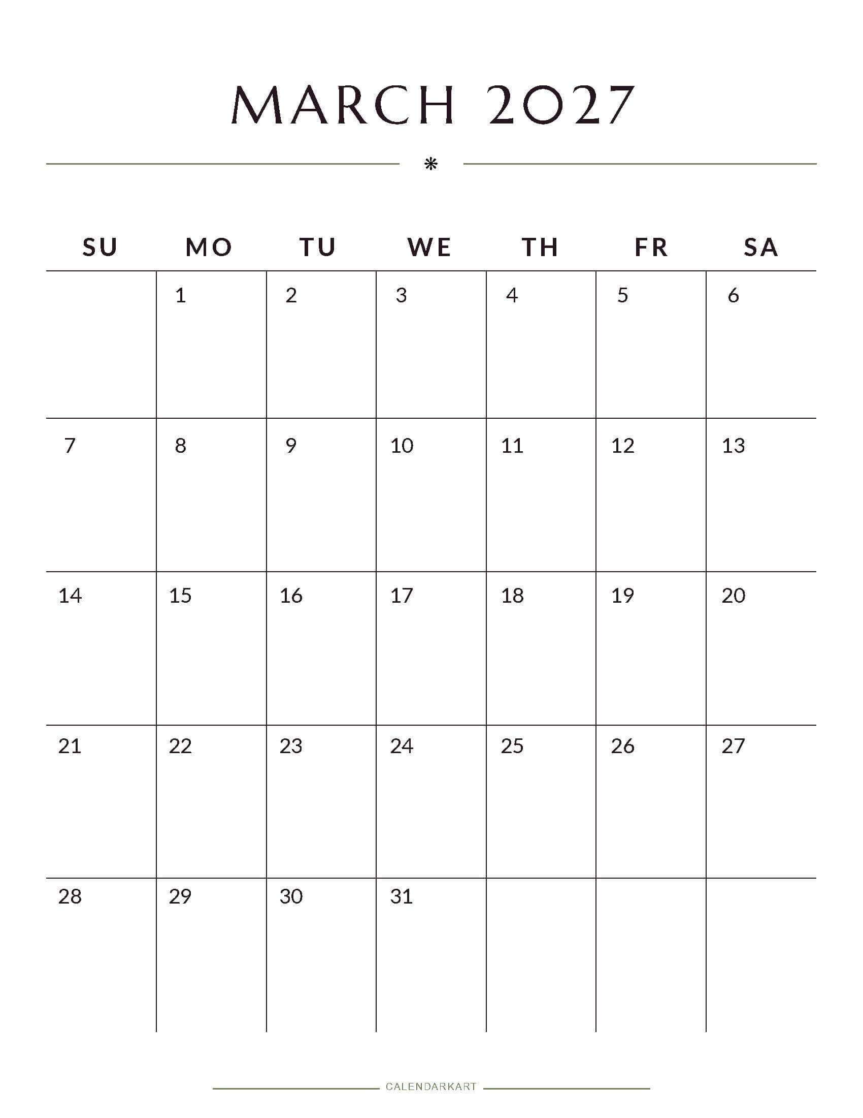 Printable March 2027 Monthly Calendar 2