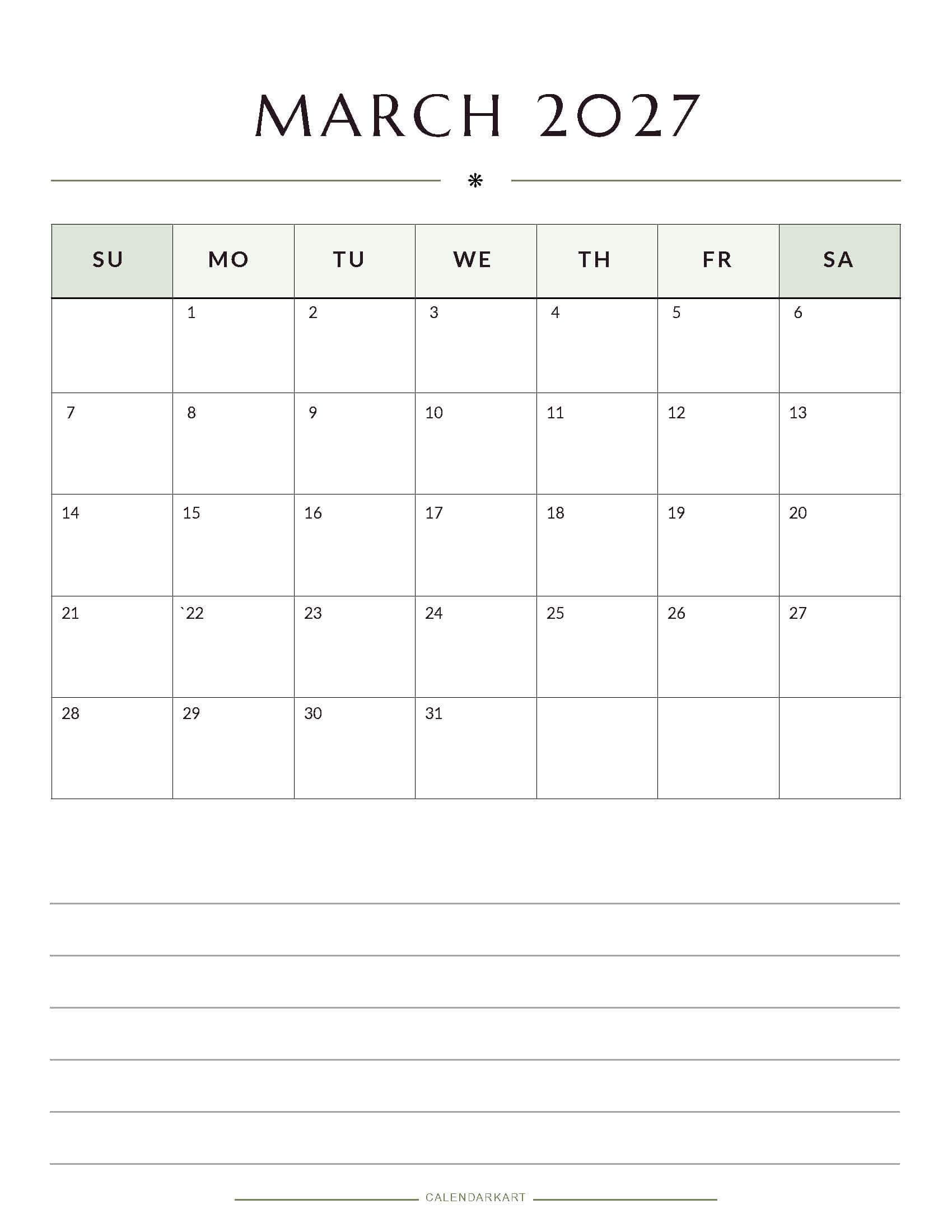 Printable March 2027 Monthly Calendar 3
