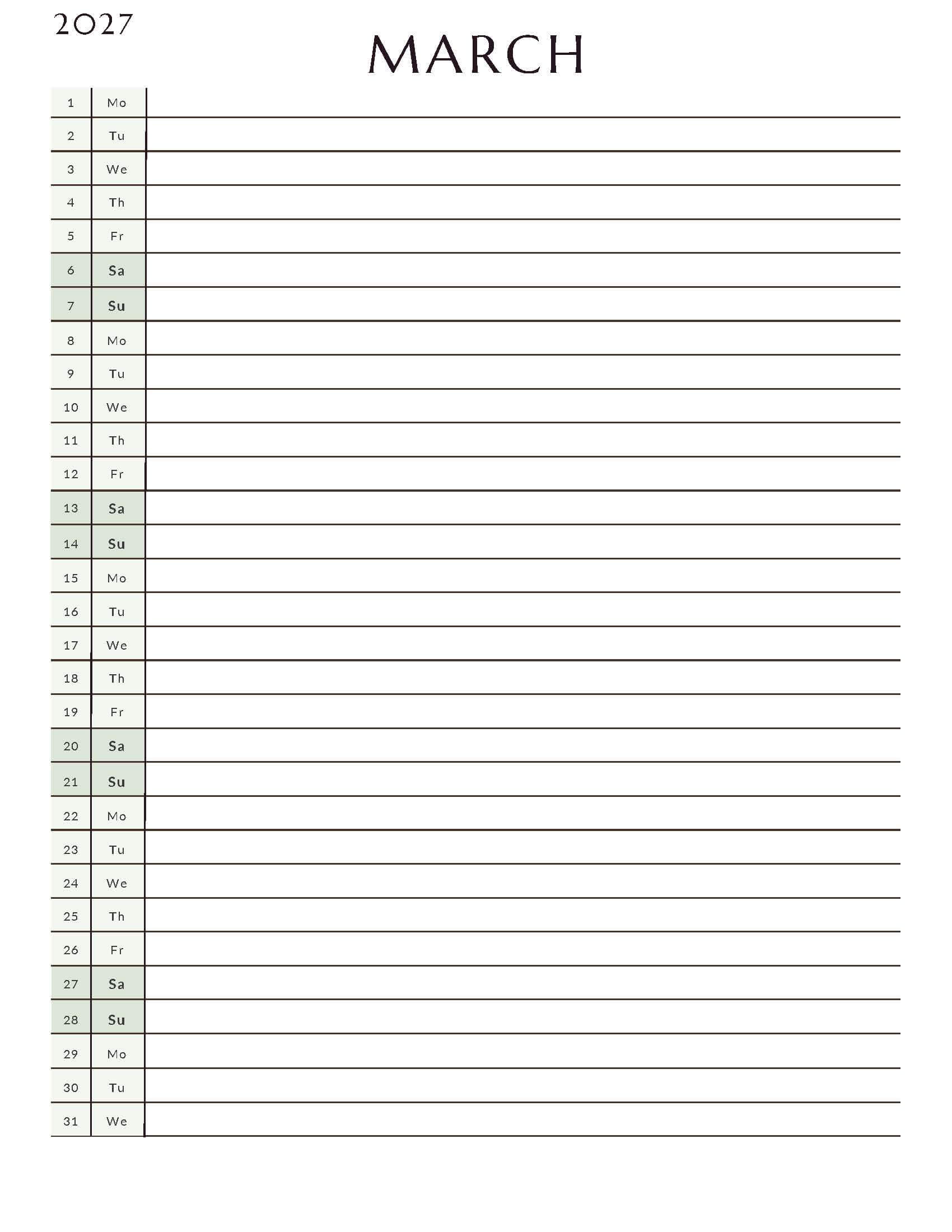 Printable March 2027 Monthly Calendar 4