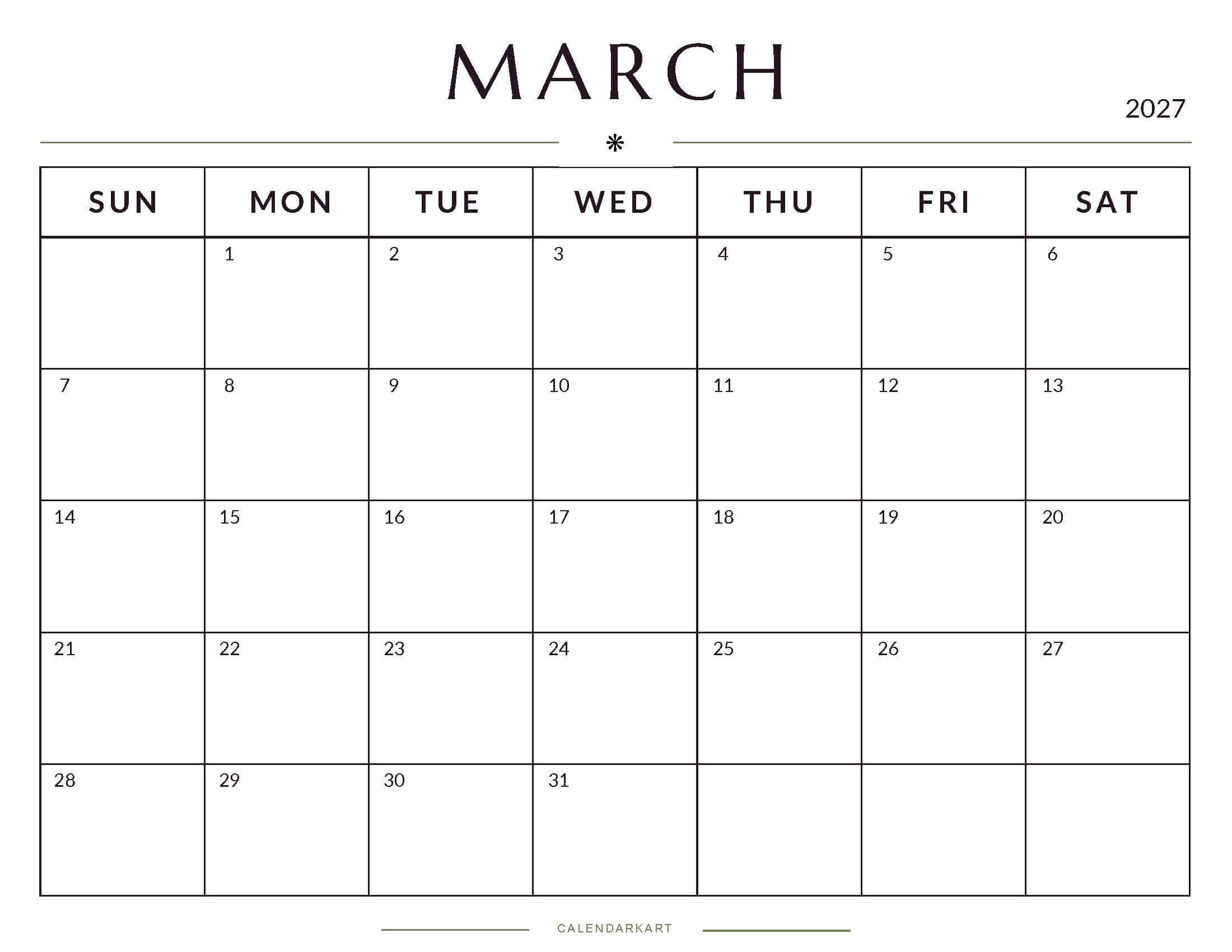 Printable March 2027 Monthly Calendar 5