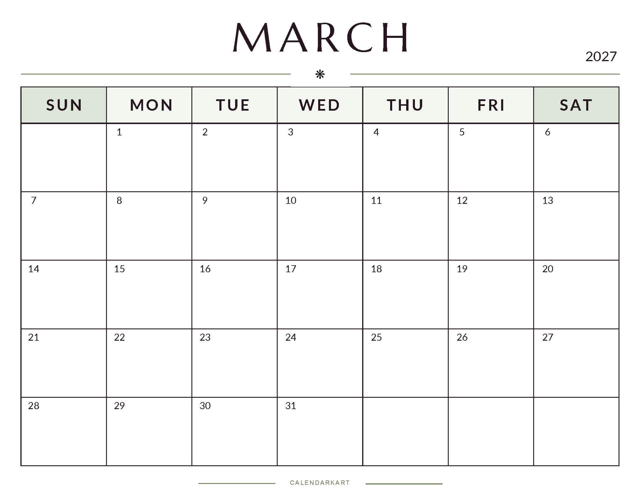 Printable March 2027 Monthly Calendar 6