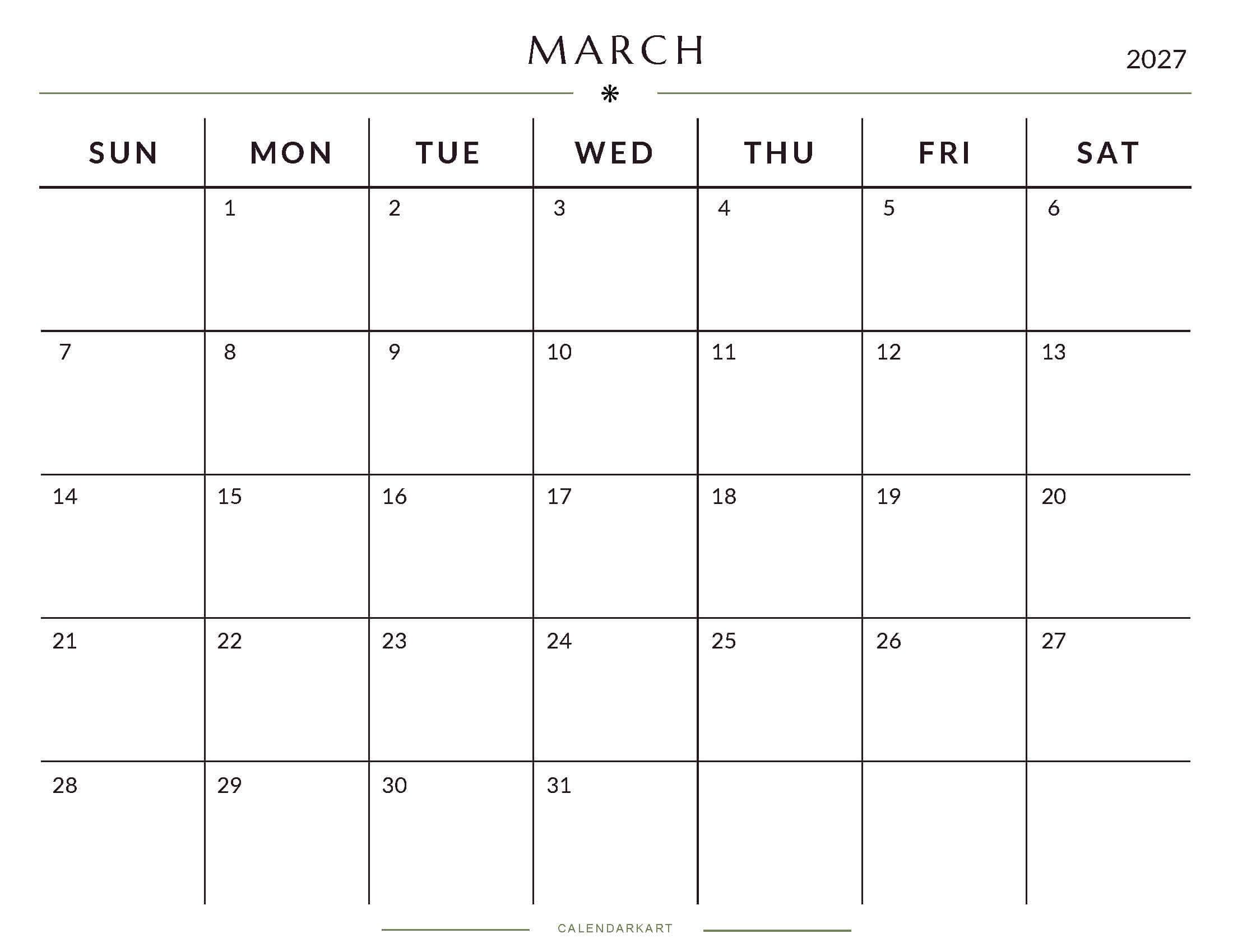 Printable March 2027 Monthly Calendar 7