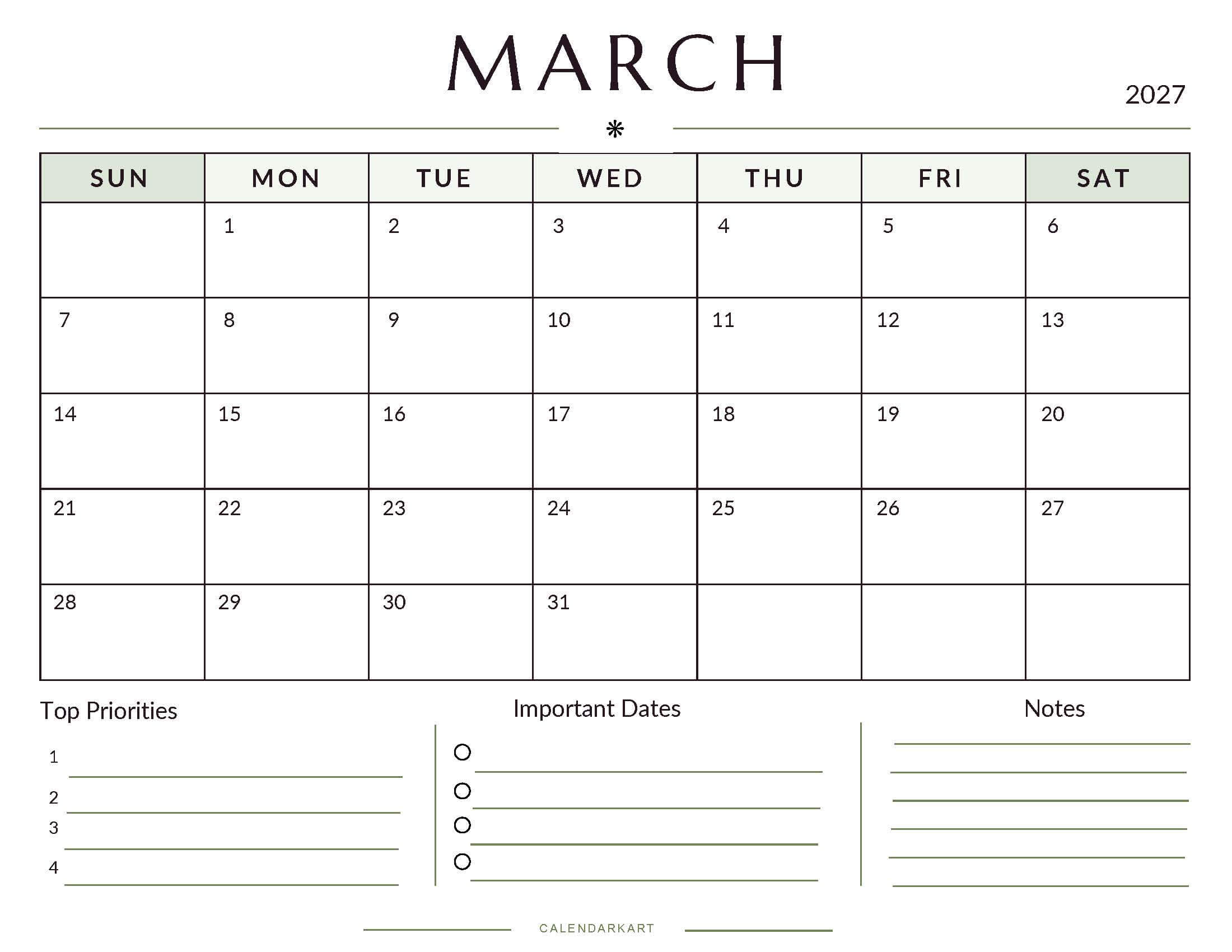Printable March 2027 Monthly Calendar 8