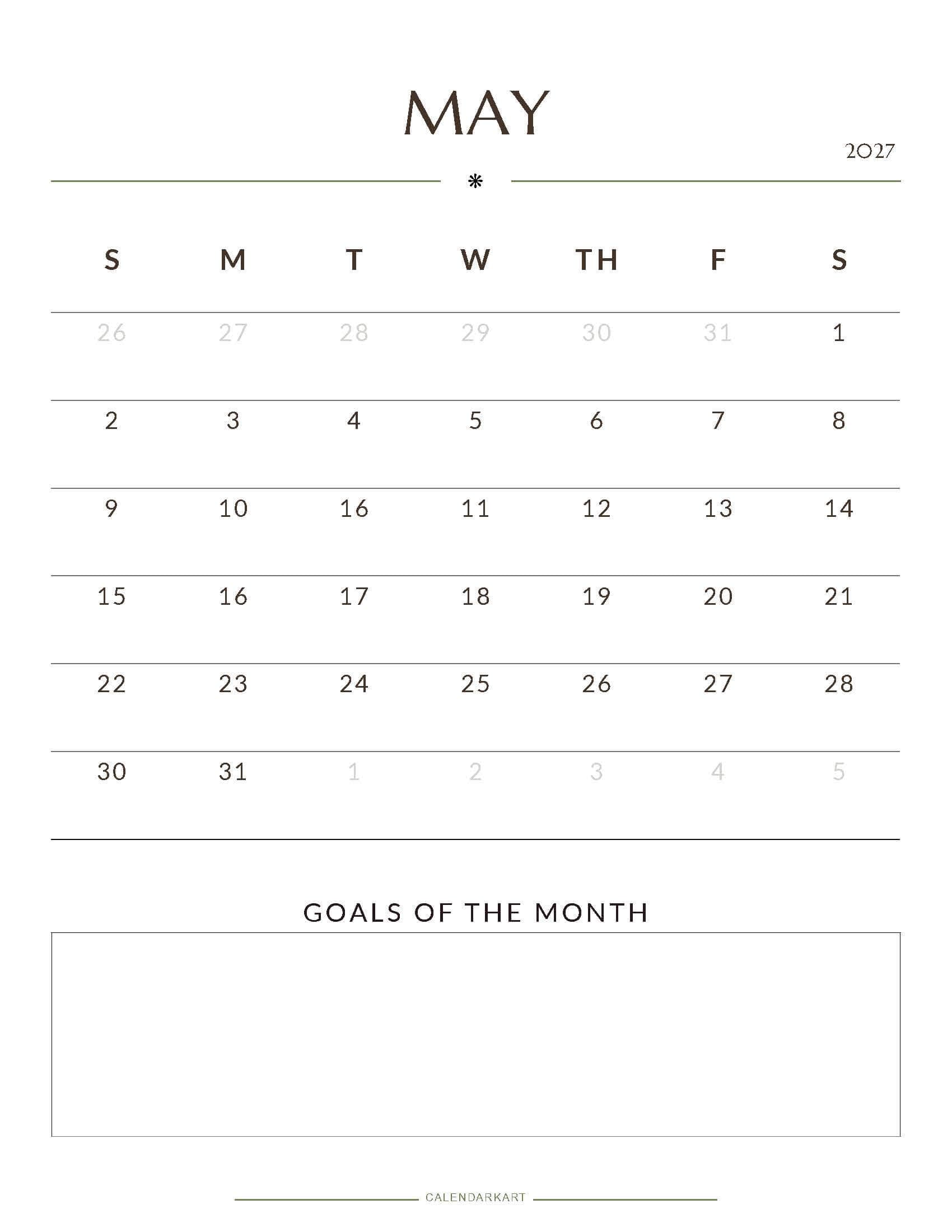 Printable May 2027 Monthly Calendar 1