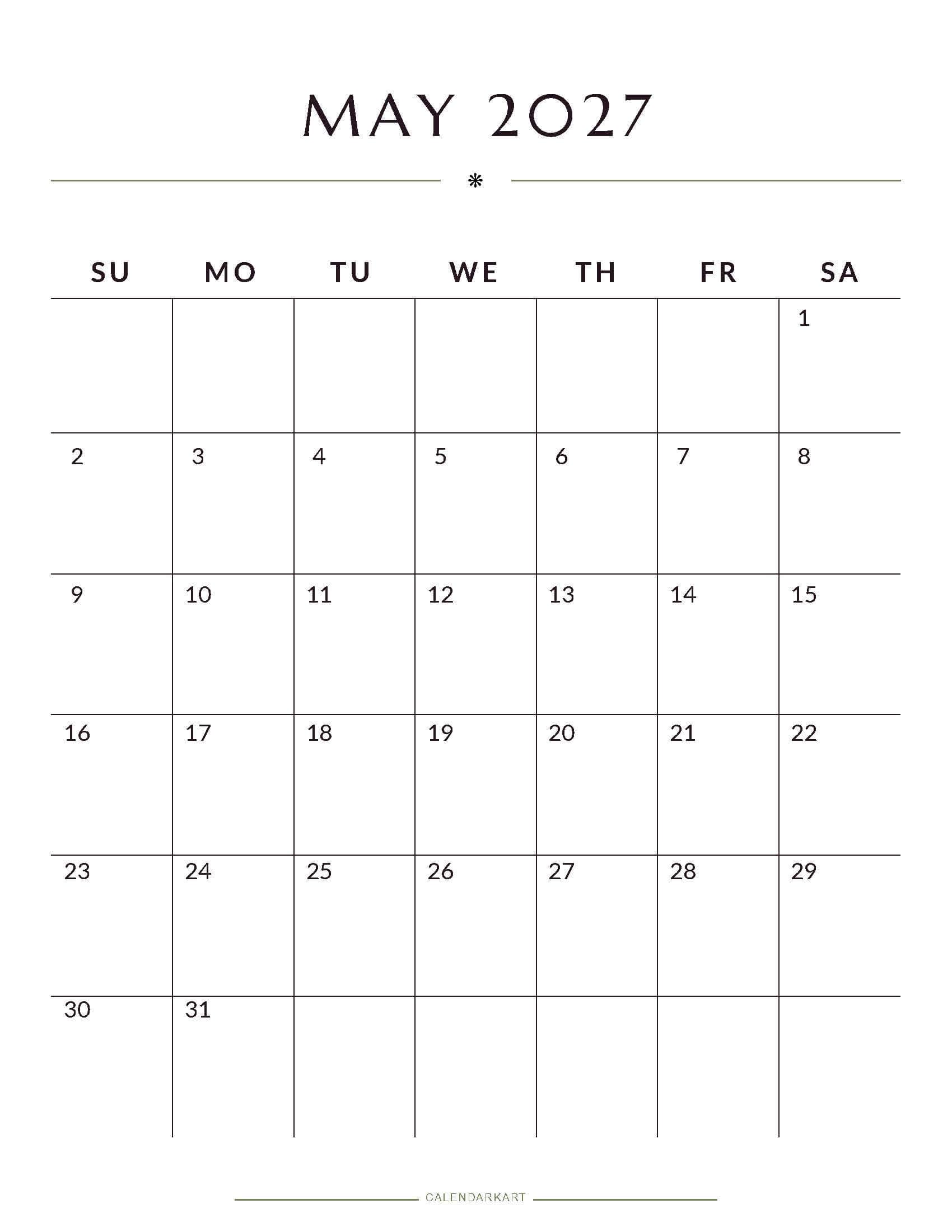 Printable May 2027 Monthly Calendar 2