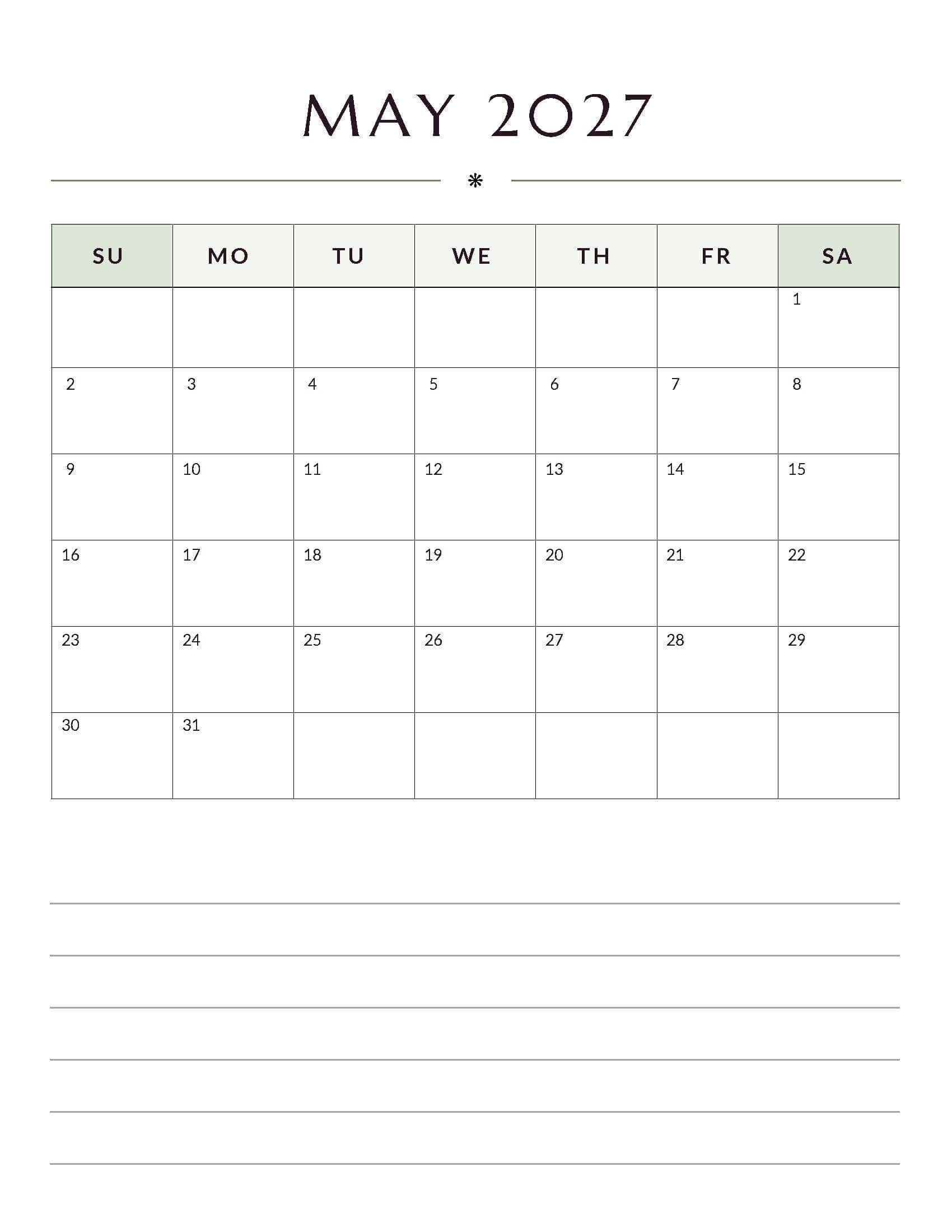Printable May 2027 Monthly Calendar 3