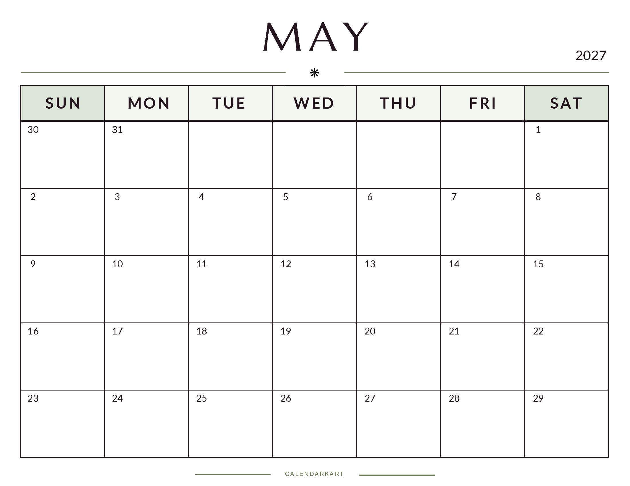 Printable May 2027 Monthly Calendar 6