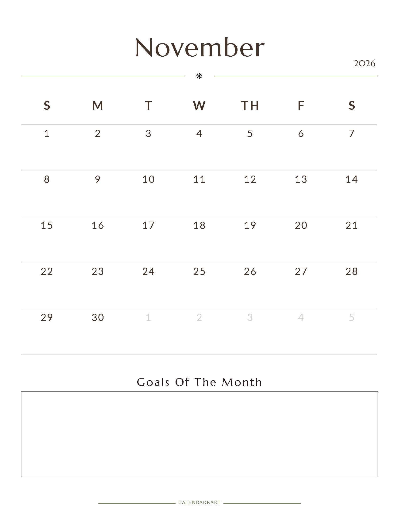 Printable November 2026 Monthly Calendar 1