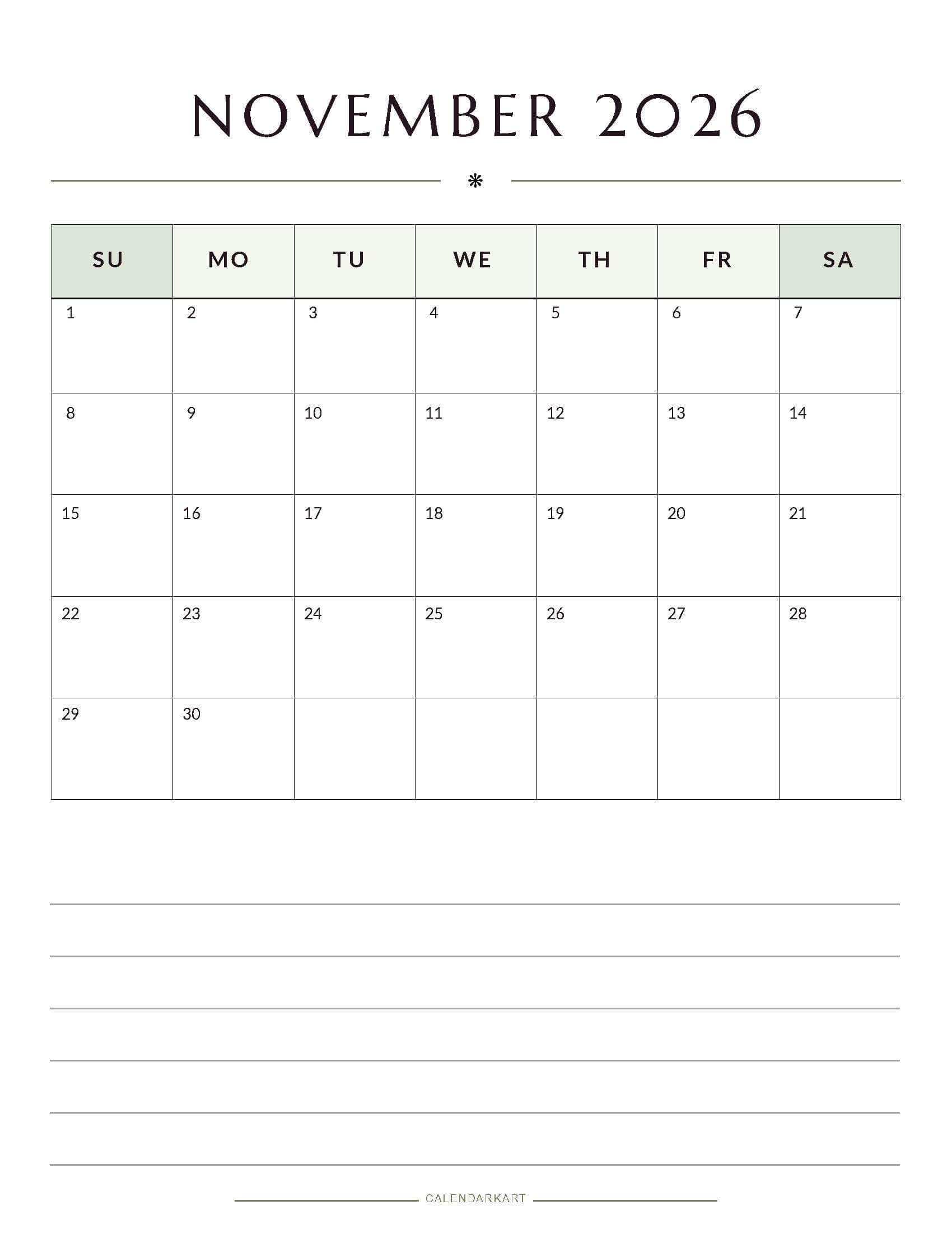 Printable November 2026 Monthly Calendar 10