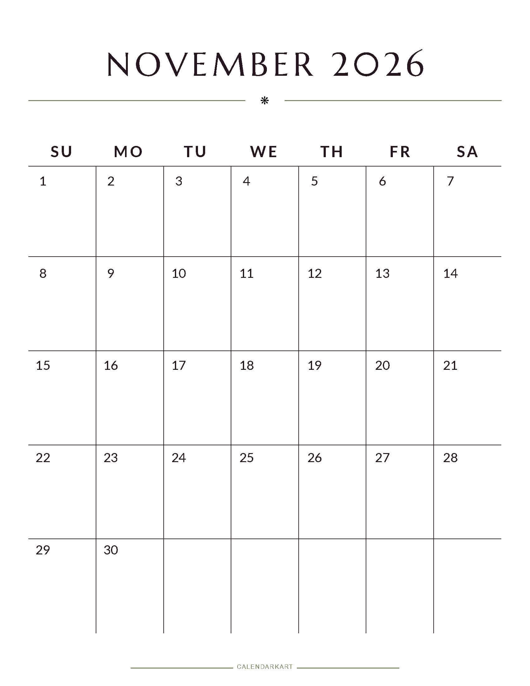 Printable November 2026 Monthly Calendar 2