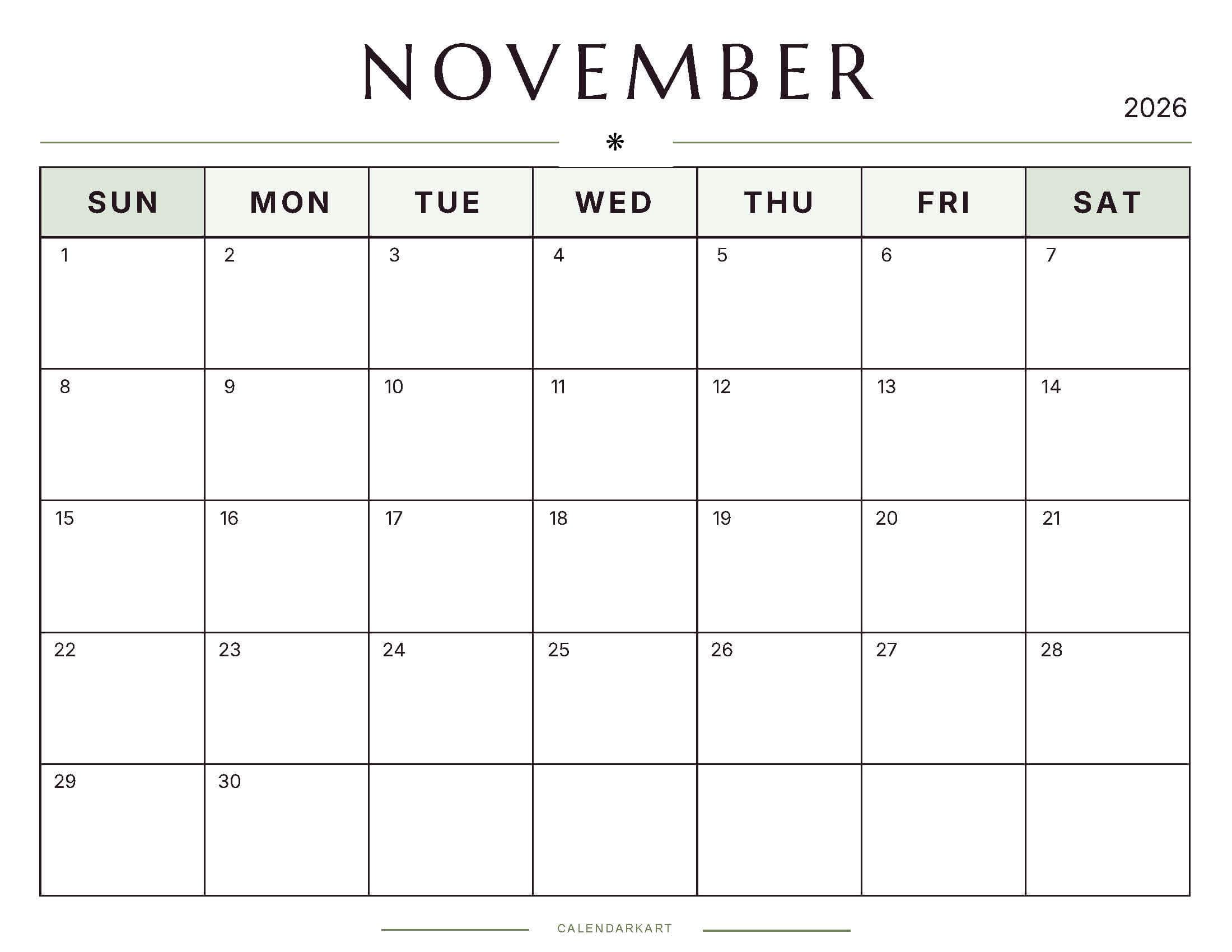 Printable November 2026 Monthly Calendar 4