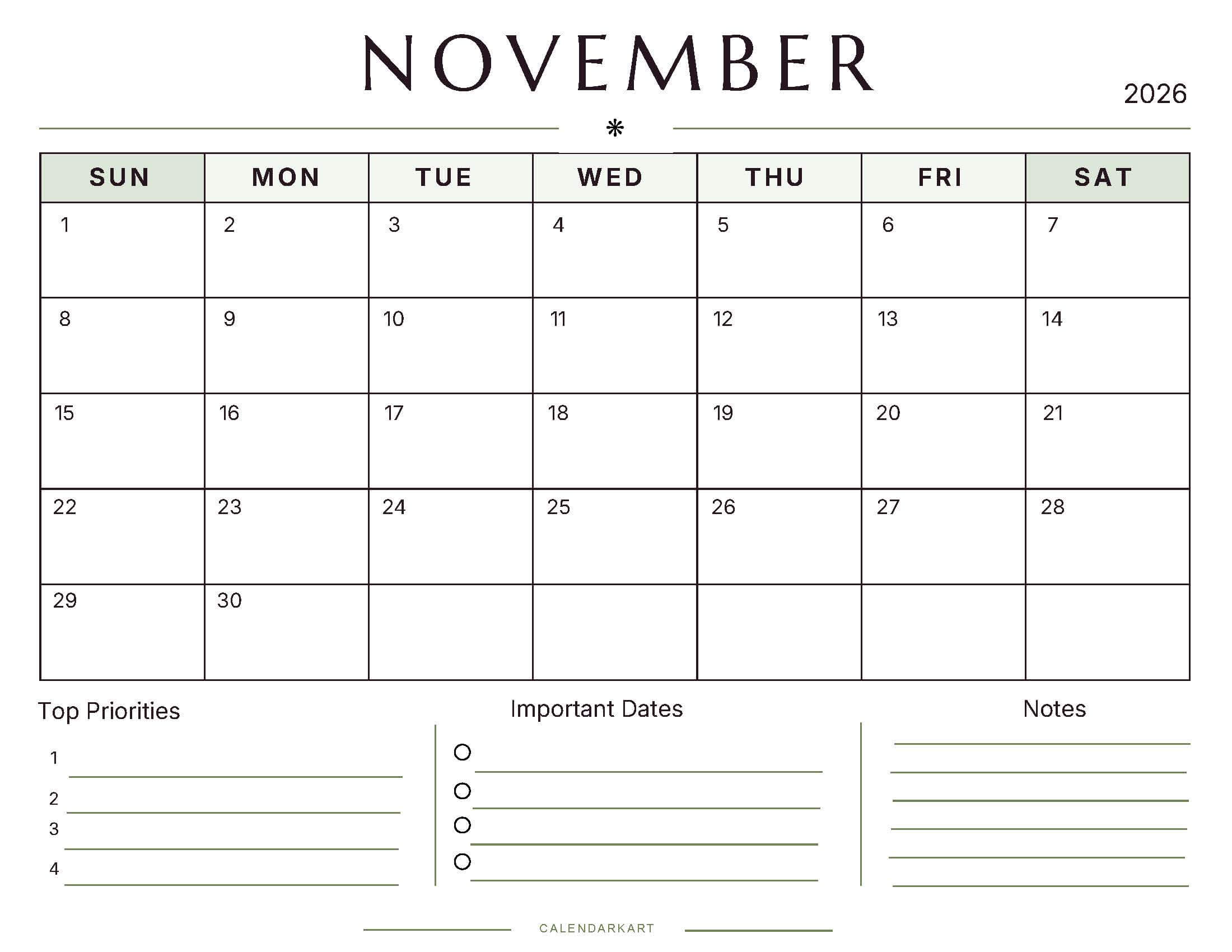 Printable November 2026 Monthly Calendar 7