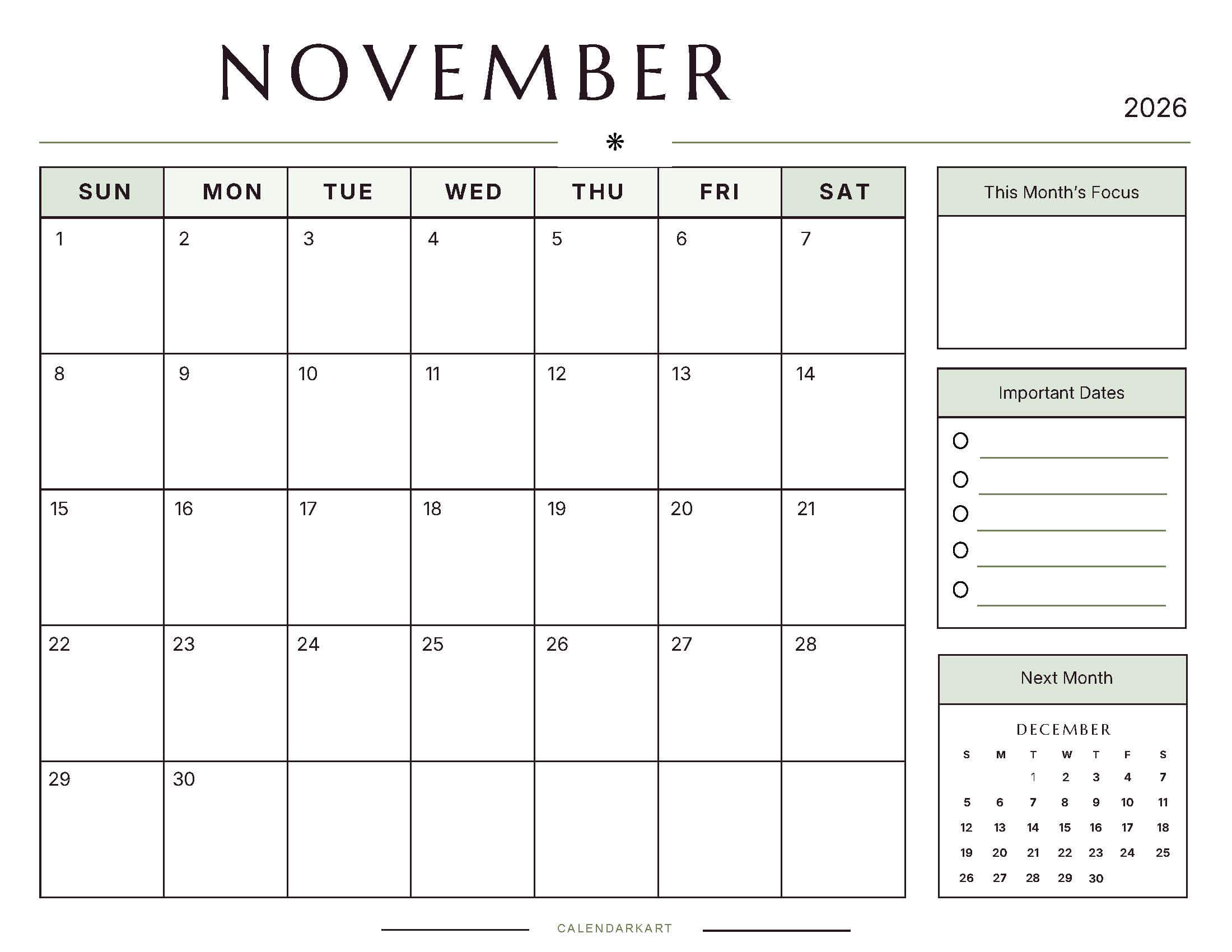 Printable November 2026 Monthly Calendar 9