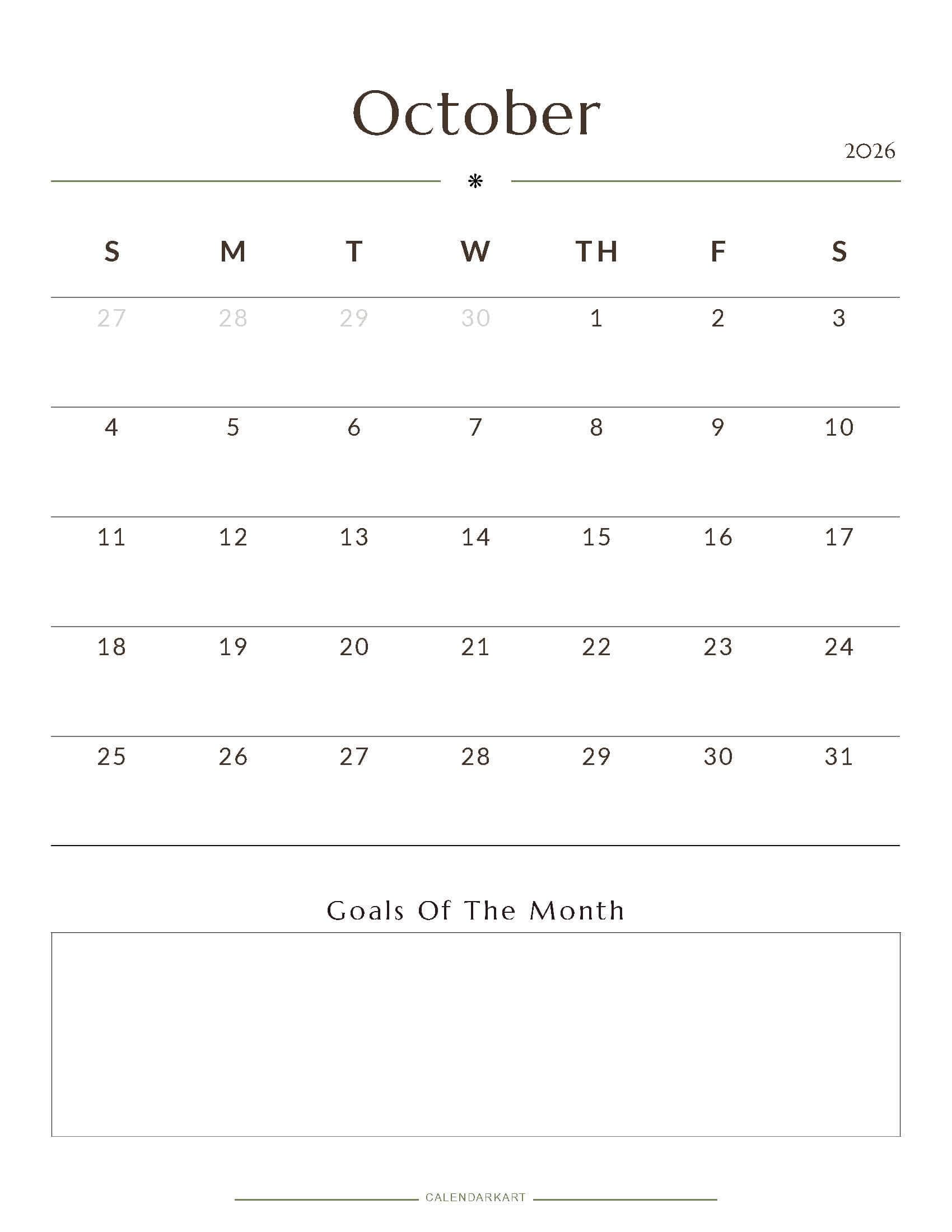 Printable October 2026 Monthly Calendar 1