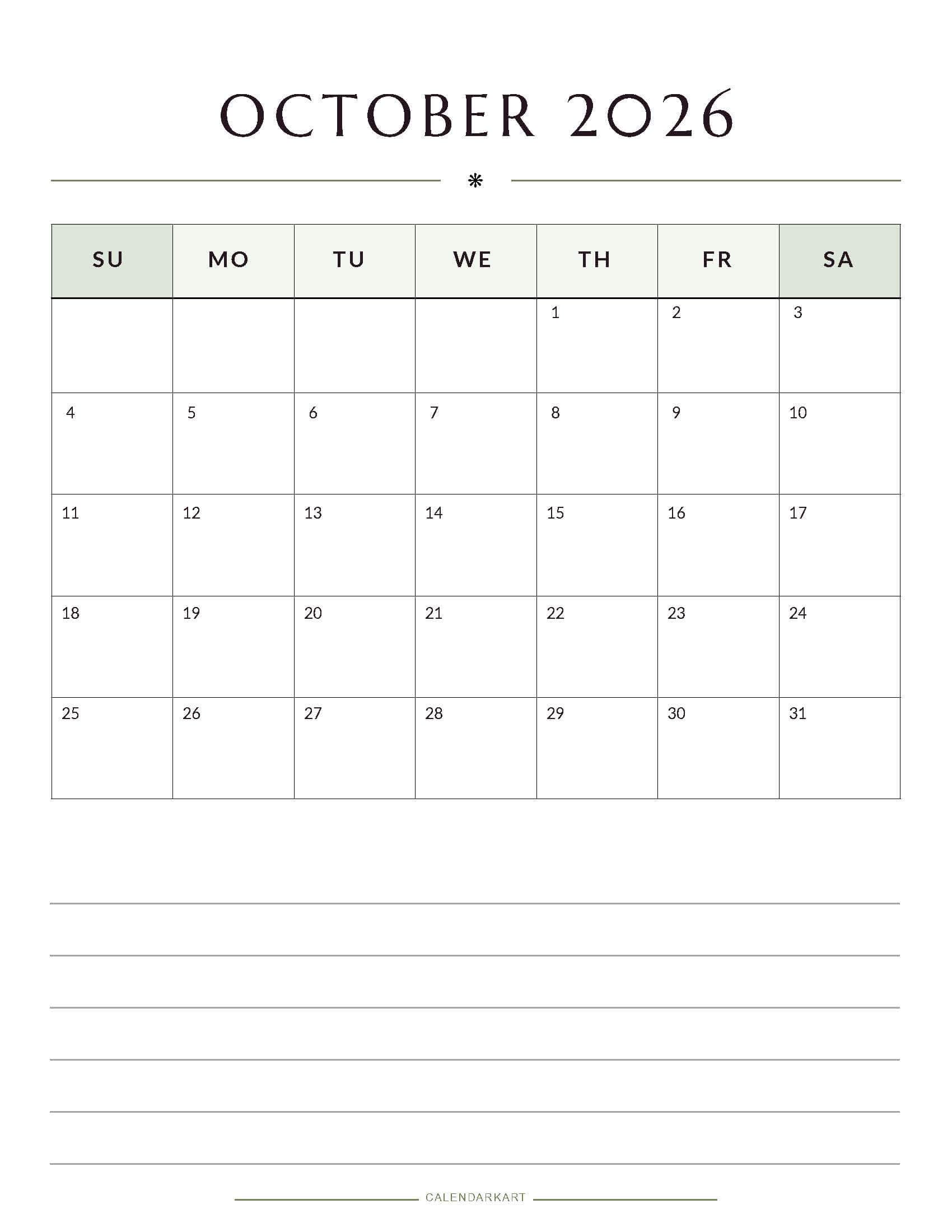 Printable October 2026 Monthly Calendar 10