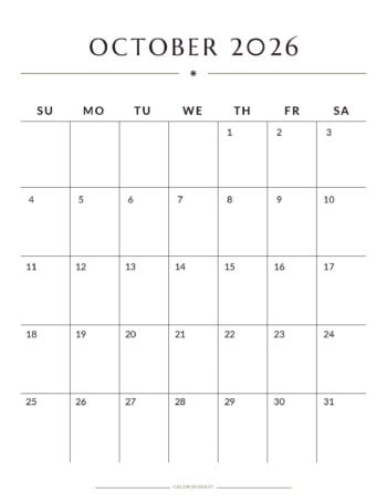 Printable October 2026 Monthly Calendar 2