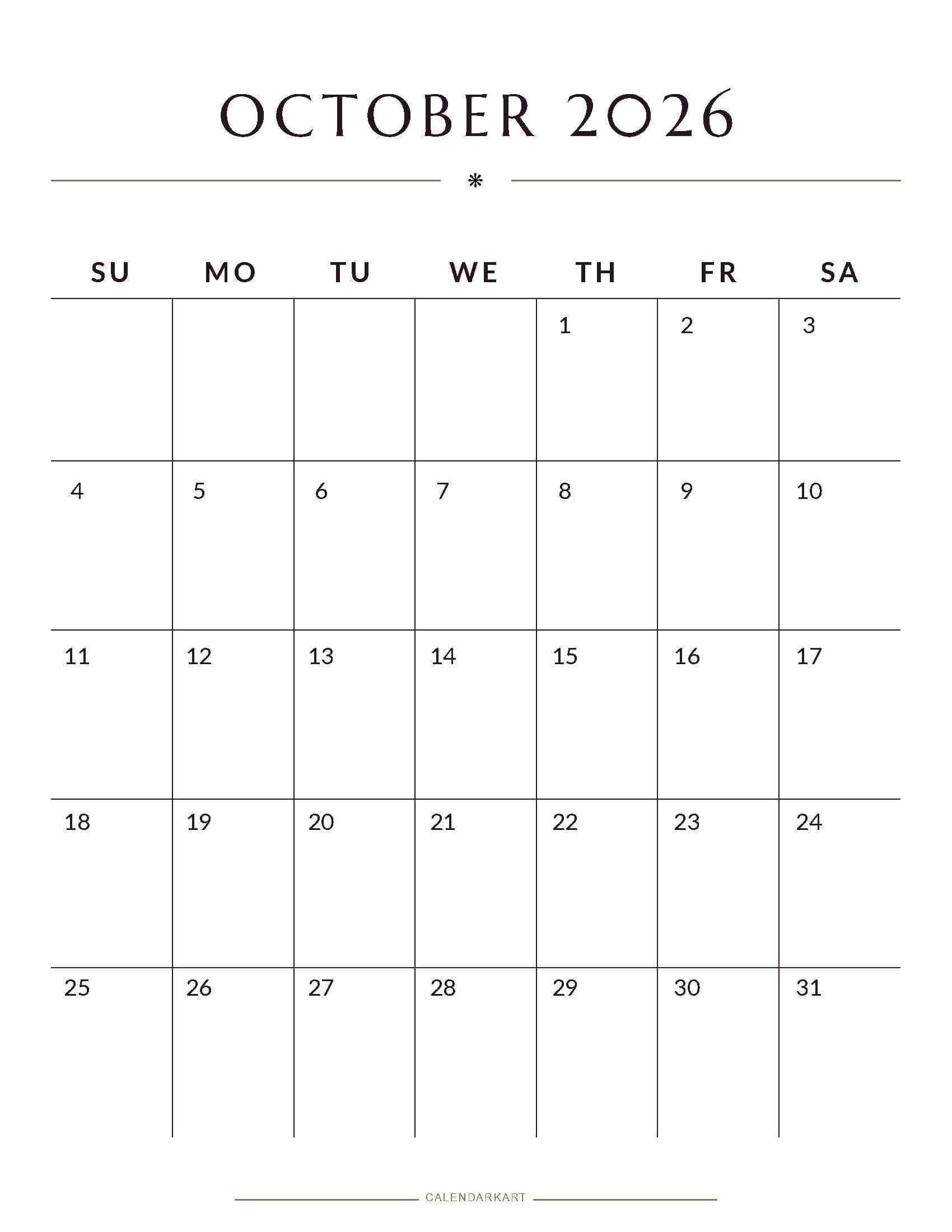 Printable October 2026 Monthly Calendar 2