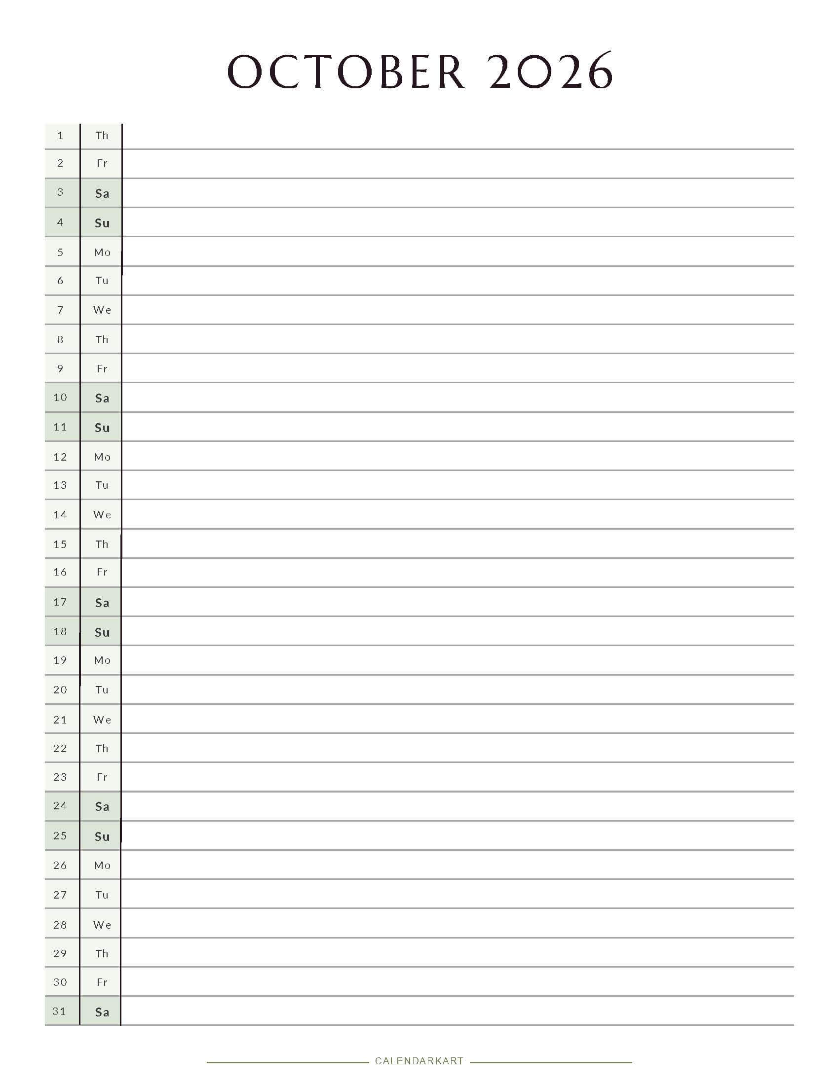 Printable October 2026 Monthly Calendar 3