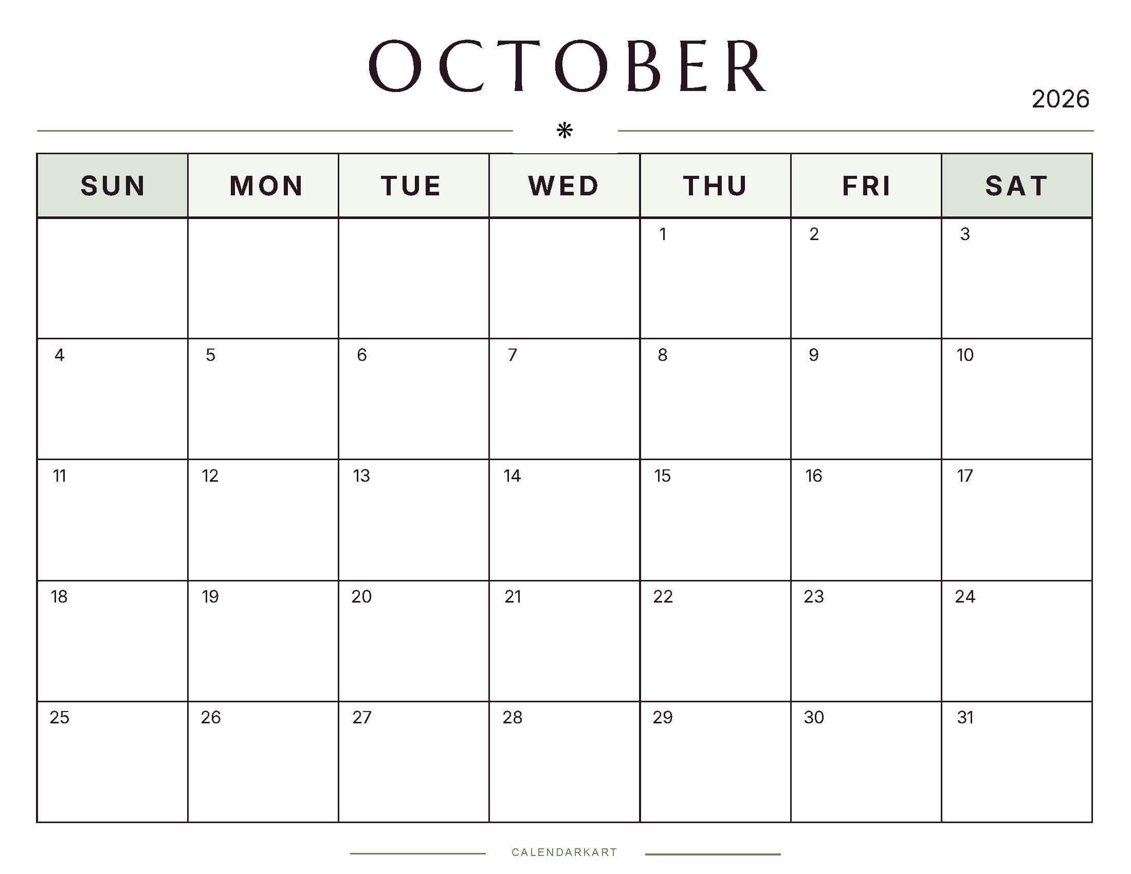 Printable October 2026 Monthly Calendar 4