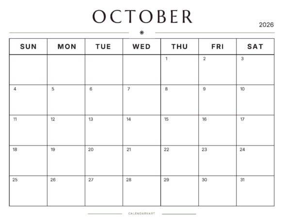 Printable October 2026 Monthly Calendar 5