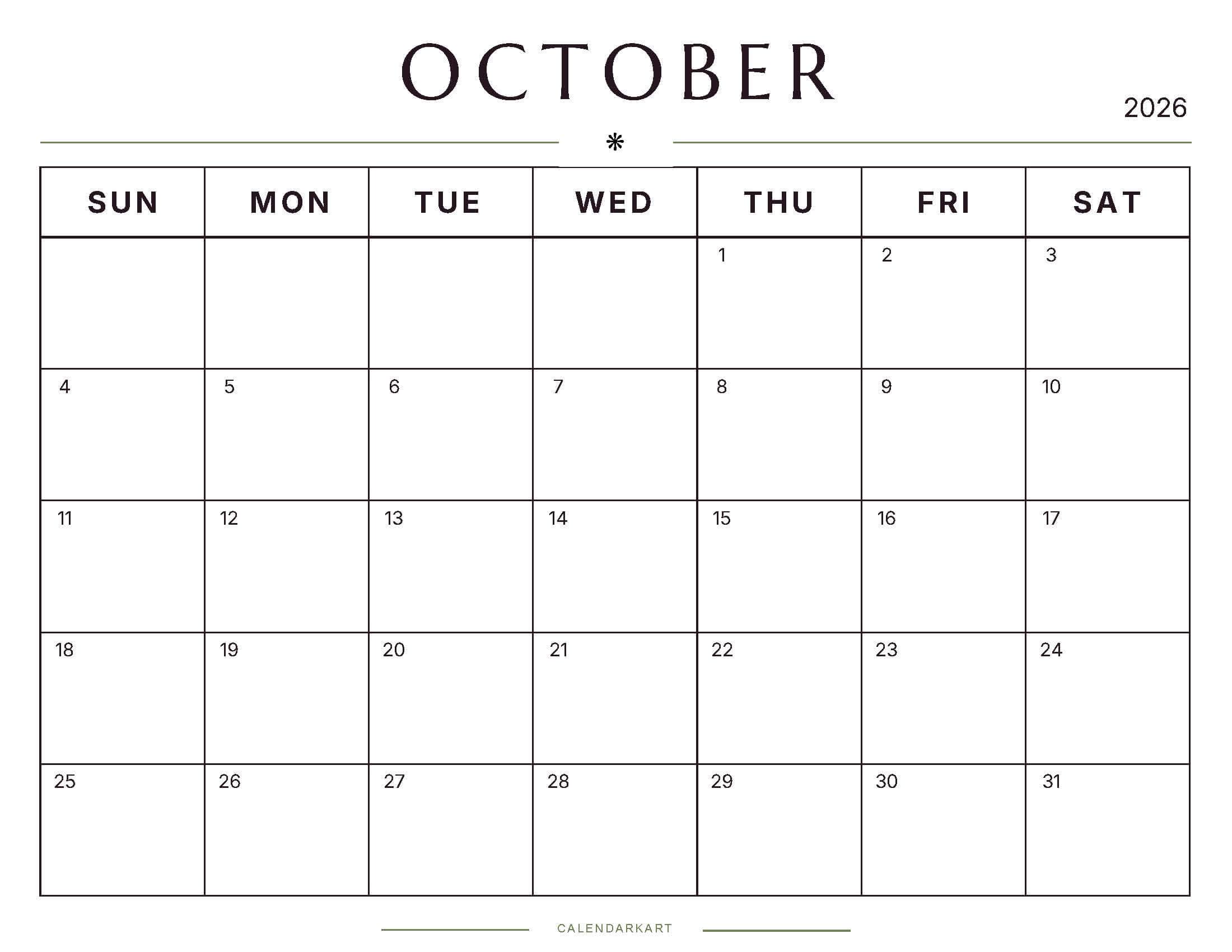 Printable October 2026 Monthly Calendar 5